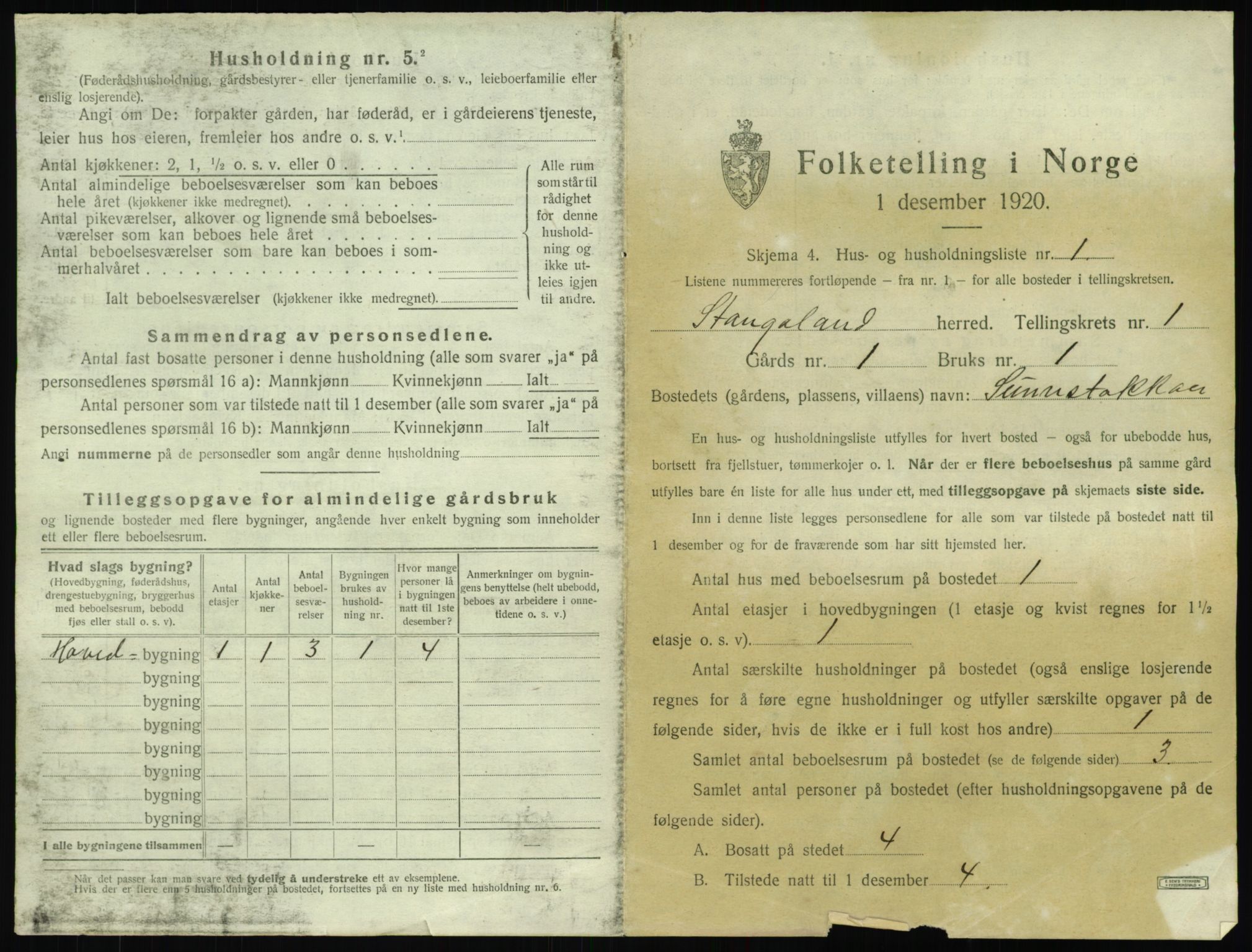 SAST, 1920 census for Stangaland, 1920, p. 29