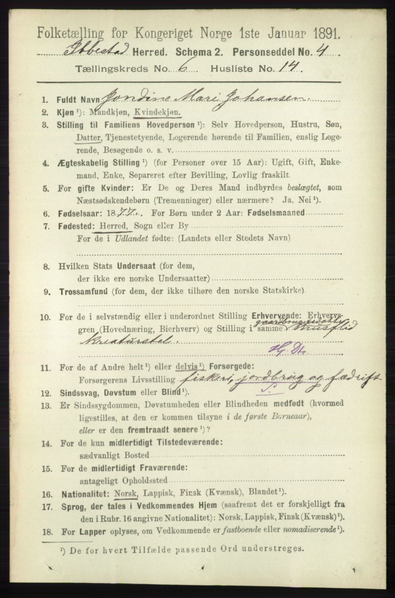 RA, 1891 census for 1917 Ibestad, 1891, p. 3652