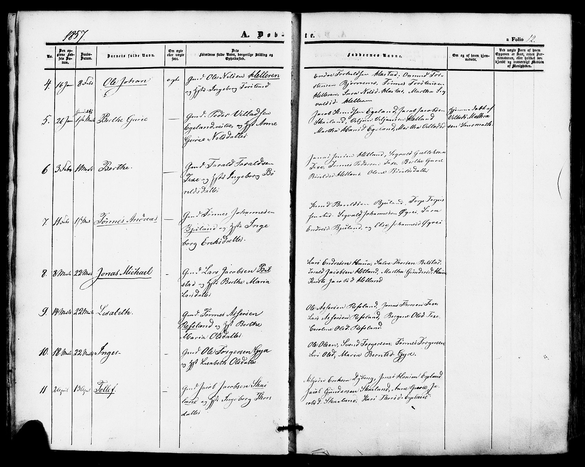 Lund sokneprestkontor, AV/SAST-A-101809/S06/L0010: Parish register (official) no. A 9, 1854-1886, p. 12