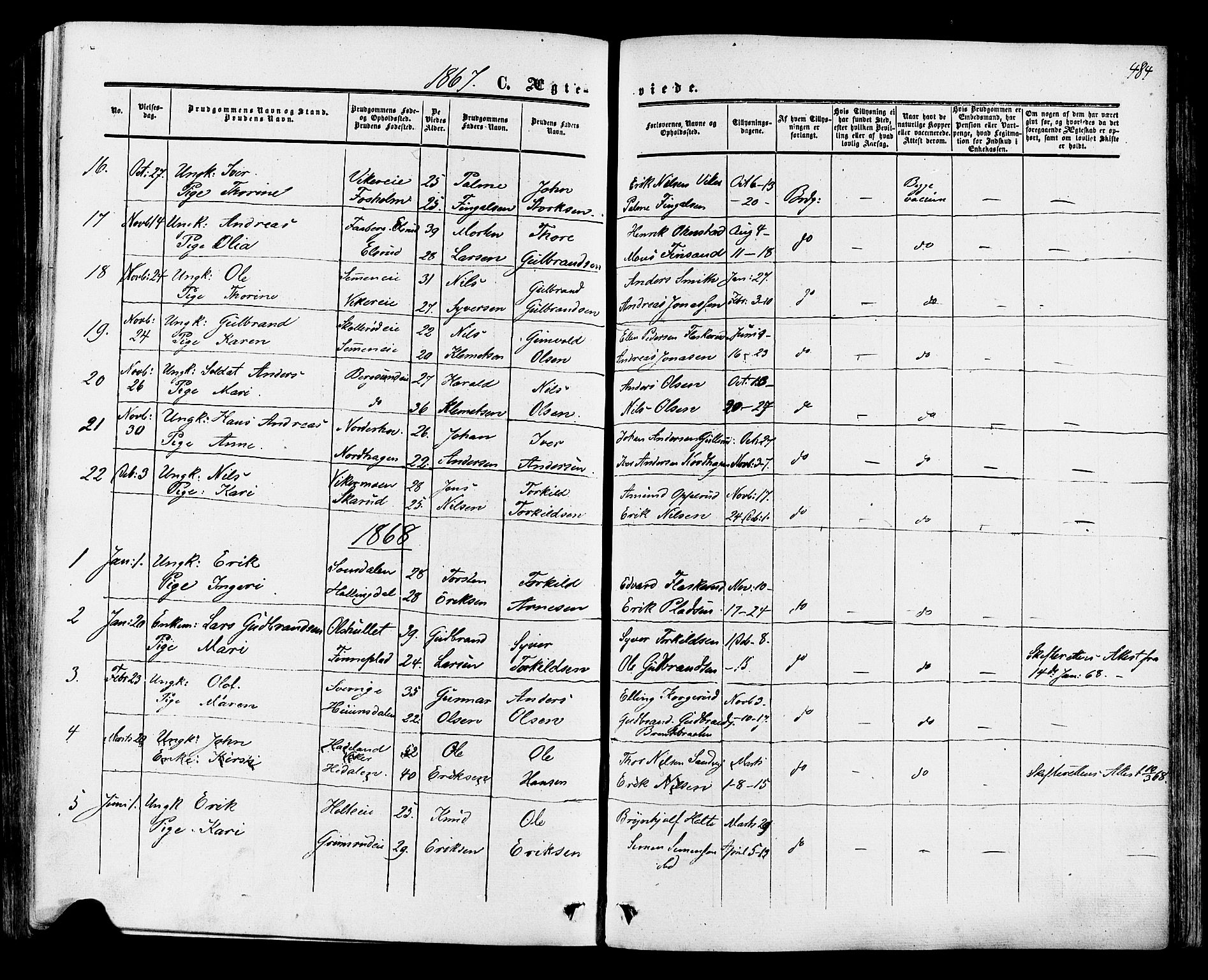 Ådal kirkebøker, SAKO/A-248/F/Fa/L0001: Parish register (official) no. I 1, 1857-1883, p. 484