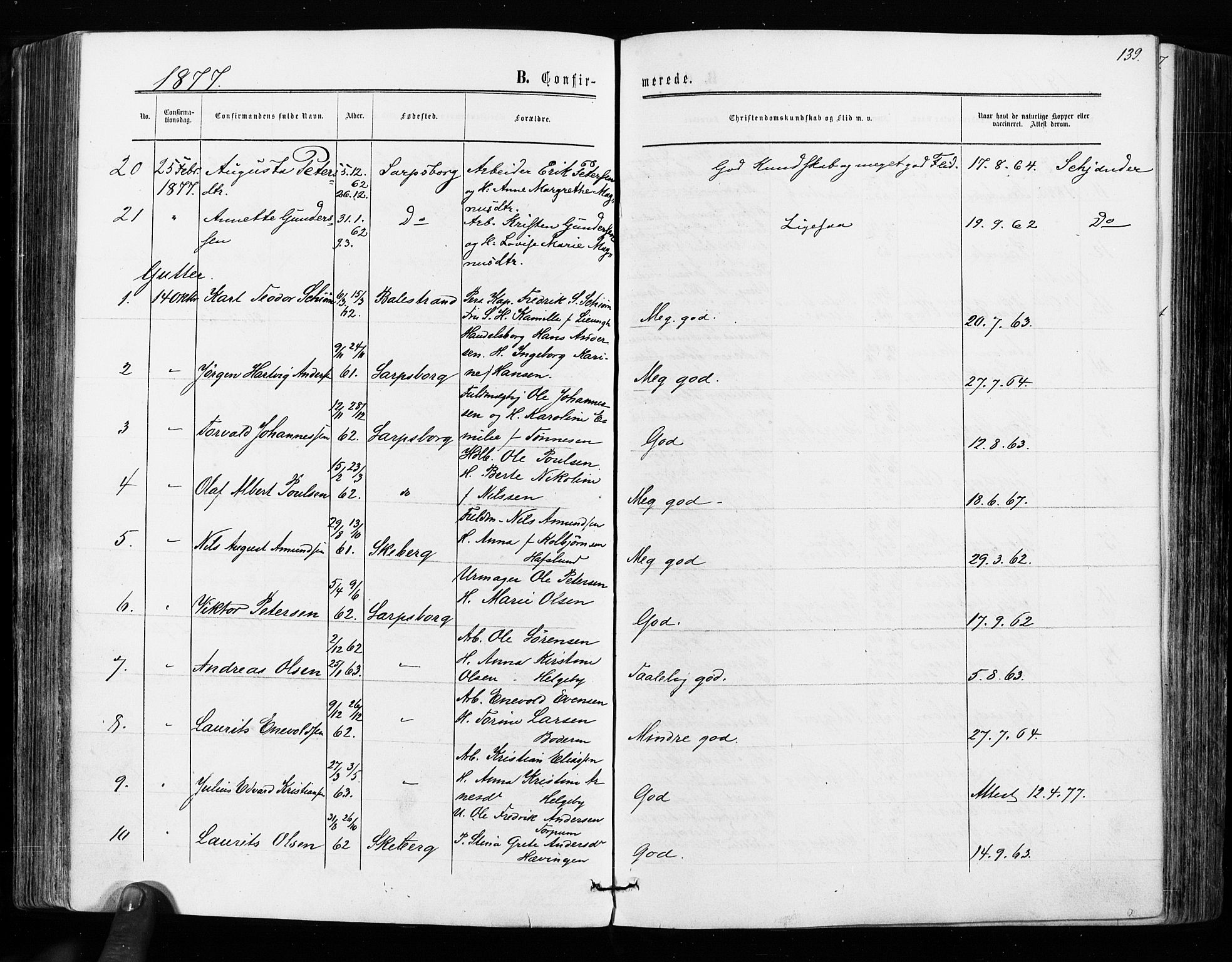 Sarpsborg prestekontor Kirkebøker, AV/SAO-A-2006/F/Fa/L0002: Parish register (official) no. 2, 1869-1877, p. 139