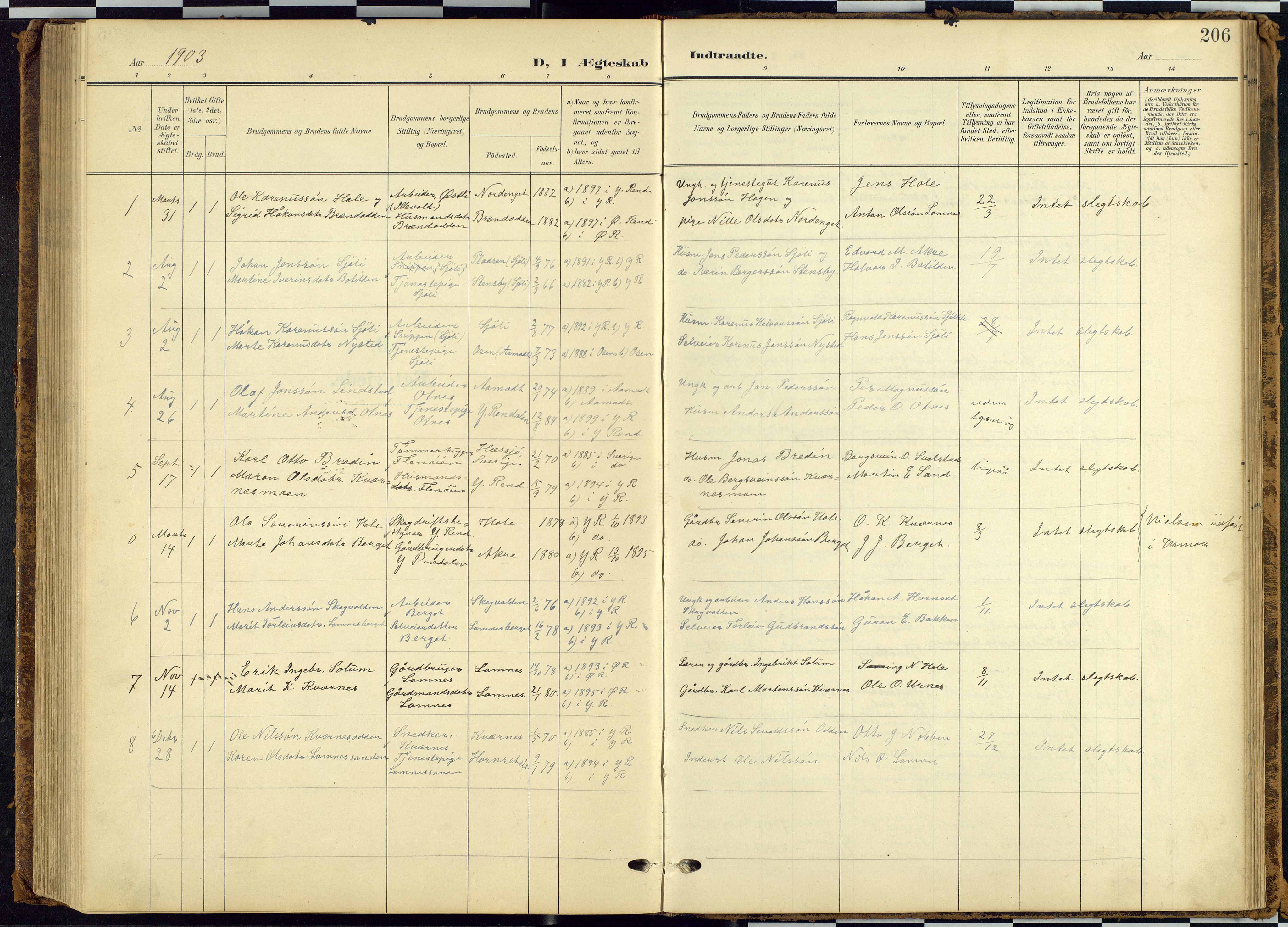 Rendalen prestekontor, SAH/PREST-054/H/Ha/Hab/L0010: Parish register (copy) no. 10, 1903-1940, p. 206