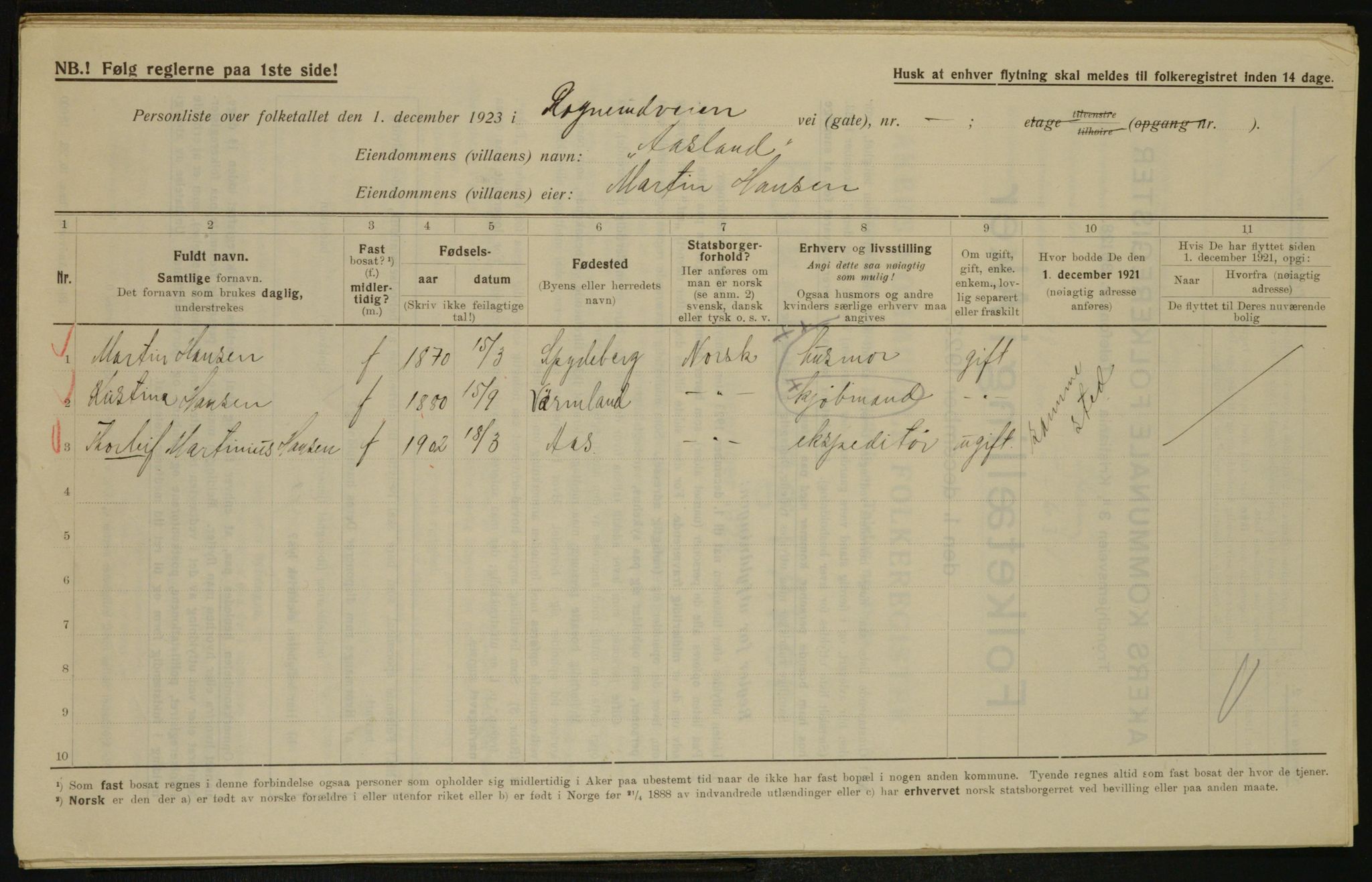 , Municipal Census 1923 for Aker, 1923, p. 29689