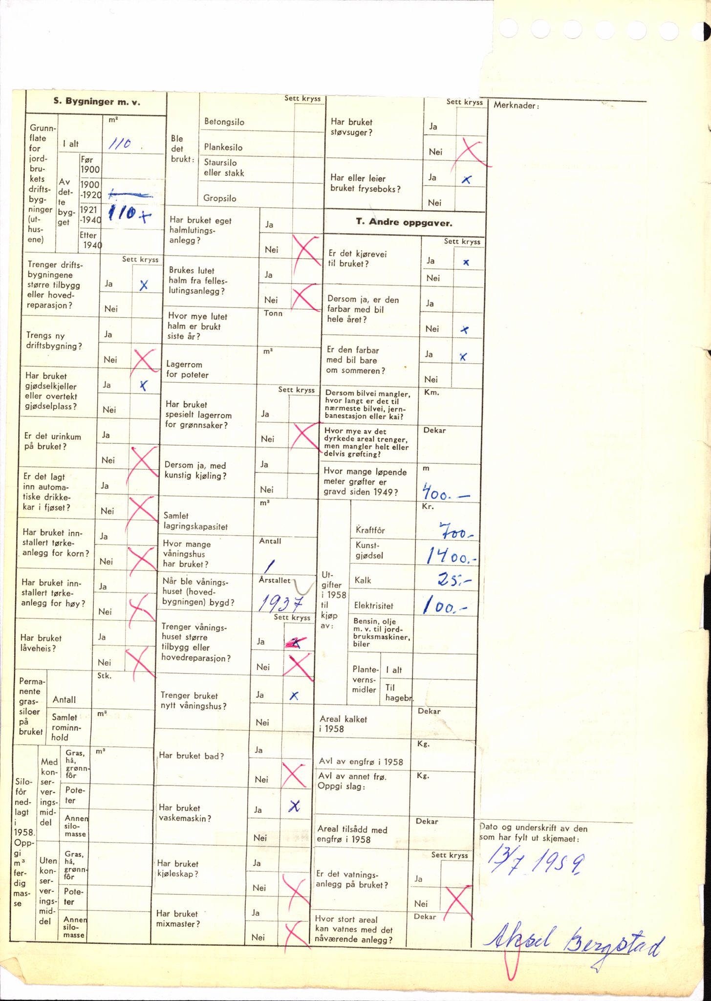 Statistisk sentralbyrå, Næringsøkonomiske emner, Jordbruk, skogbruk, jakt, fiske og fangst, AV/RA-S-2234/G/Gd/L0655: Troms: 1924 Målselv (kl. 4-10), 1959, p. 1159