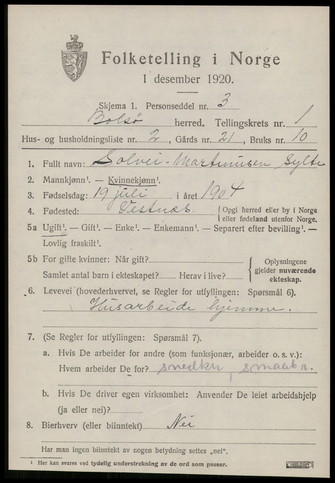 SAT, 1920 census for Bolsøy, 1920, p. 1623