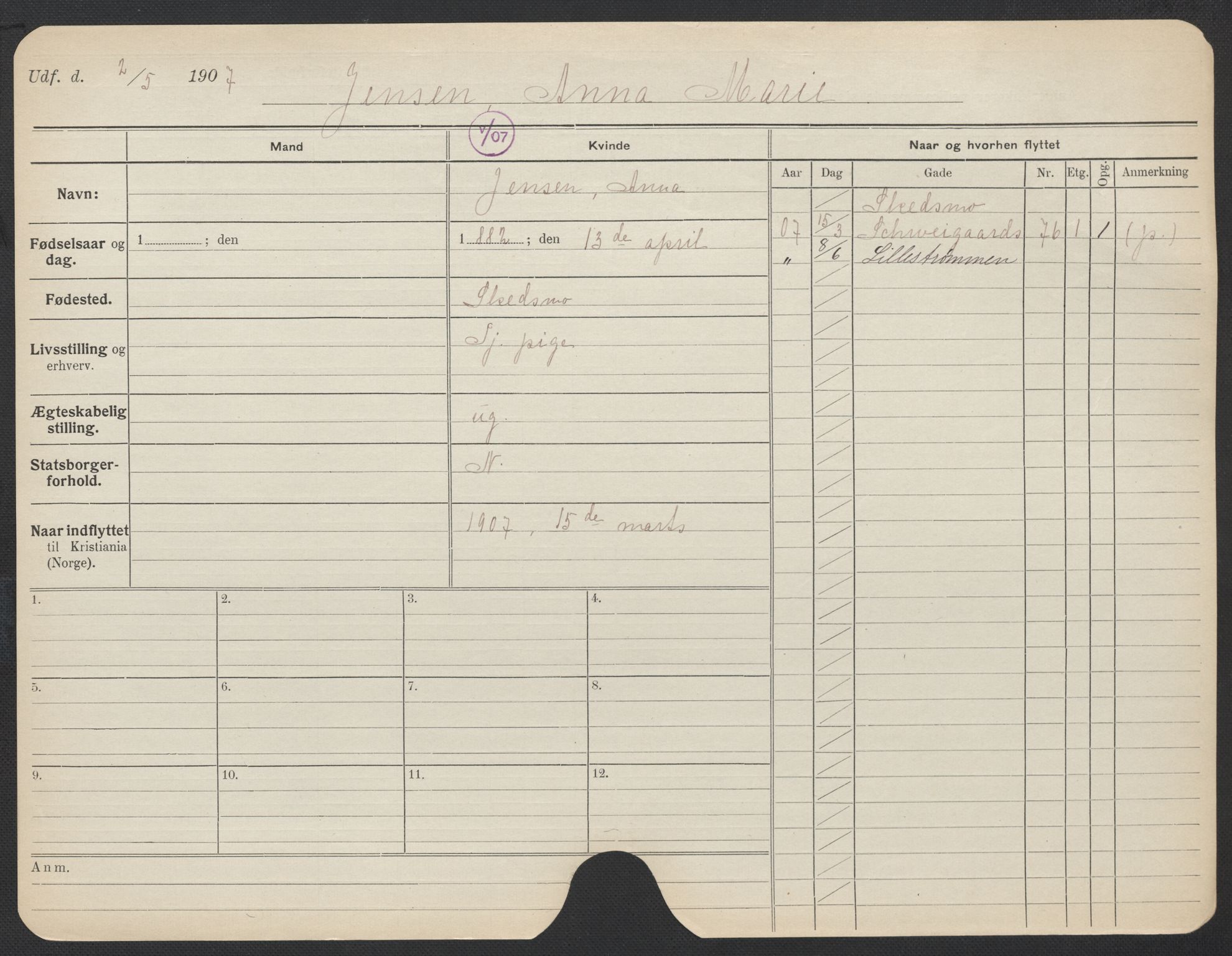Oslo folkeregister, Registerkort, AV/SAO-A-11715/F/Fa/Fac/L0017: Kvinner, 1906-1914, p. 377a