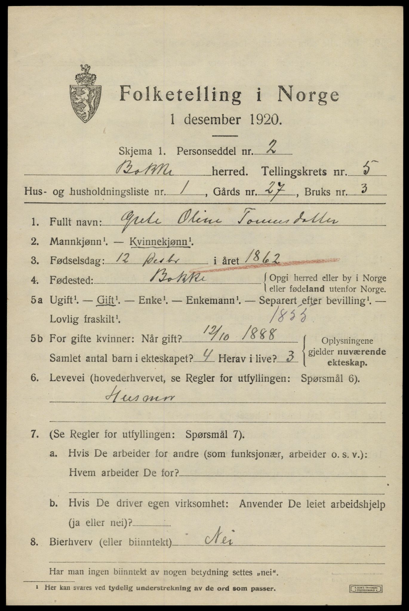 SAK, 1920 census for Bakke, 1920, p. 1430