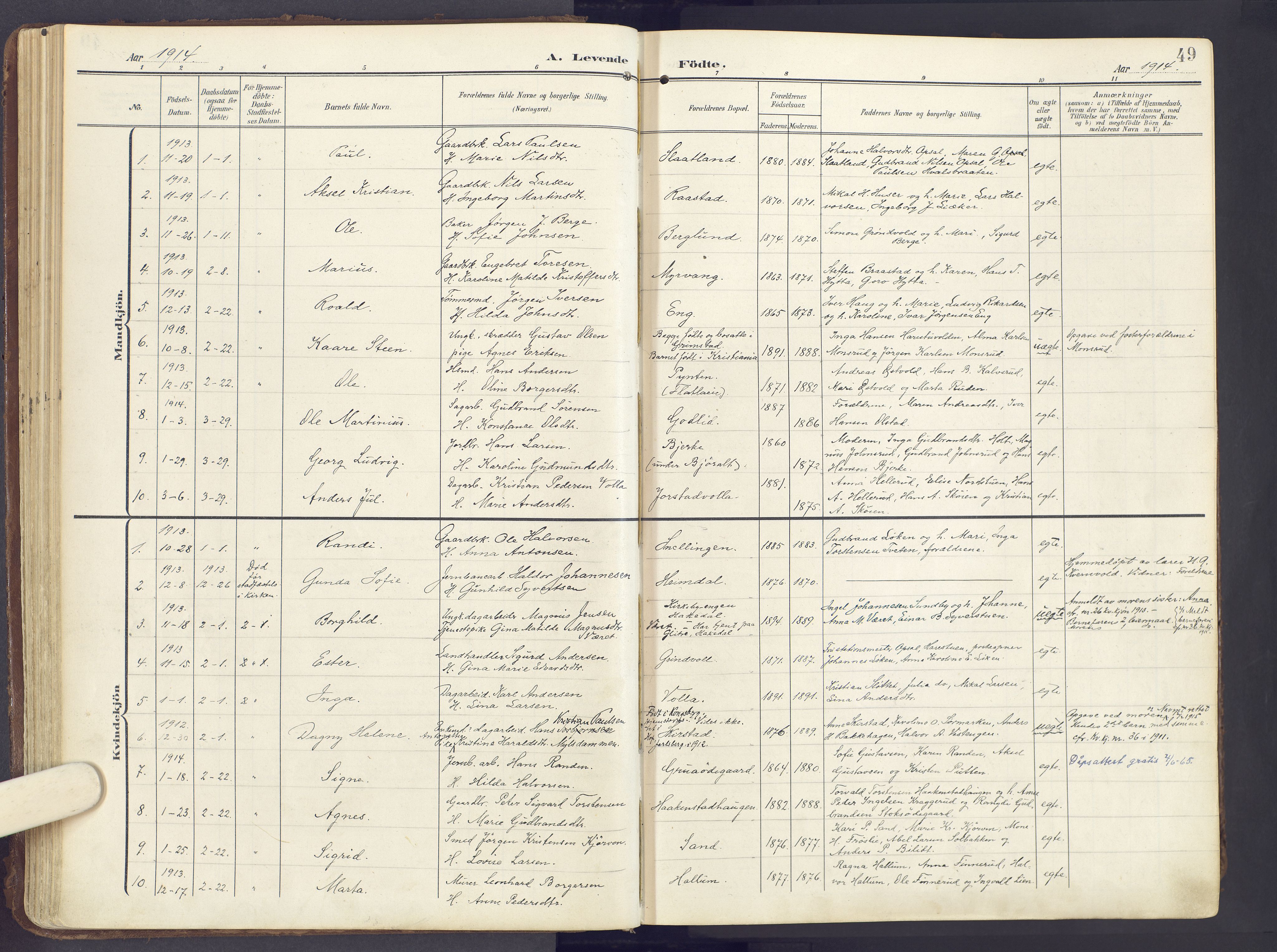 Lunner prestekontor, AV/SAH-PREST-118/H/Ha/Haa/L0001: Parish register (official) no. 1, 1907-1922, p. 49