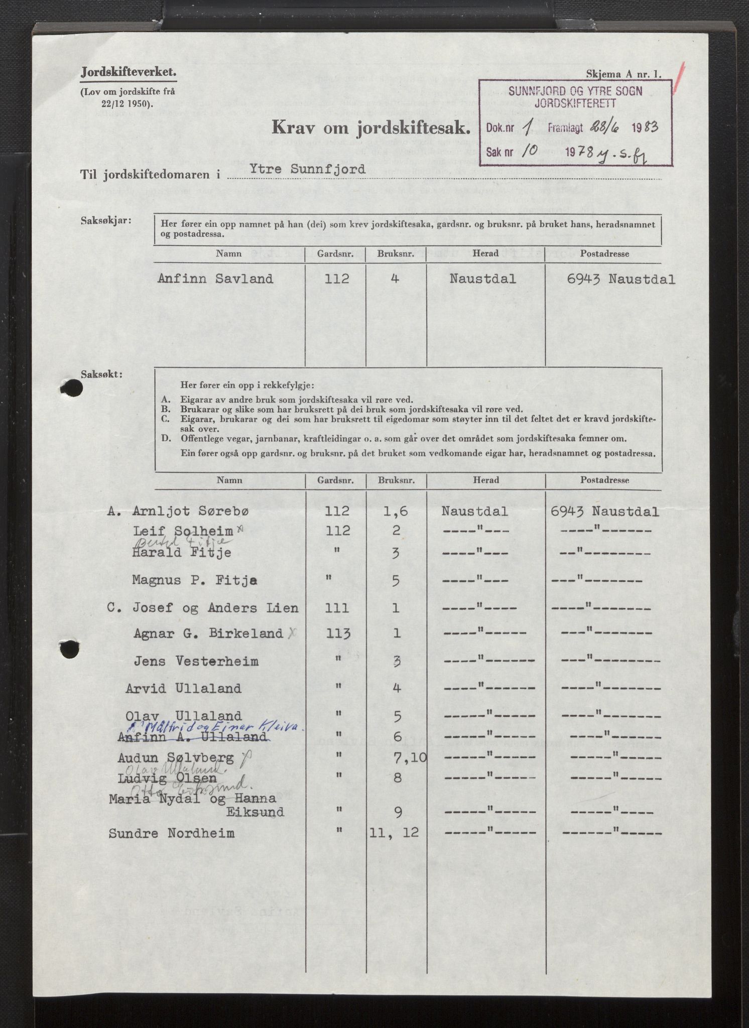 Sunnfjord og Ytre Sogn jordskifterett, AV/SAB-A-100476/F/Fh/L0019/0002: Jordskiftesaker gnr. 108 - 115 / Sak 1490 - 1978 - 0010 Fitje gnr. 112 i Naustdal og ankesak til jordskifteoverretten 2500 - 1986 - 0009 Fitje gnr. 112 i Naustdal, 1978-1988, p. 6