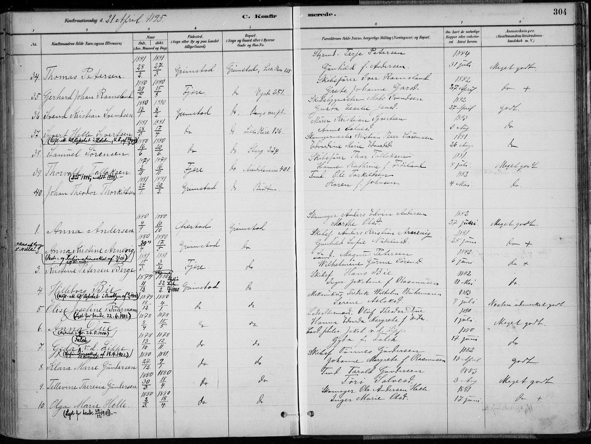 Grimstad sokneprestkontor, AV/SAK-1111-0017/F/Fa/L0003: Parish register (official) no. A 2, 1882-1912, p. 304