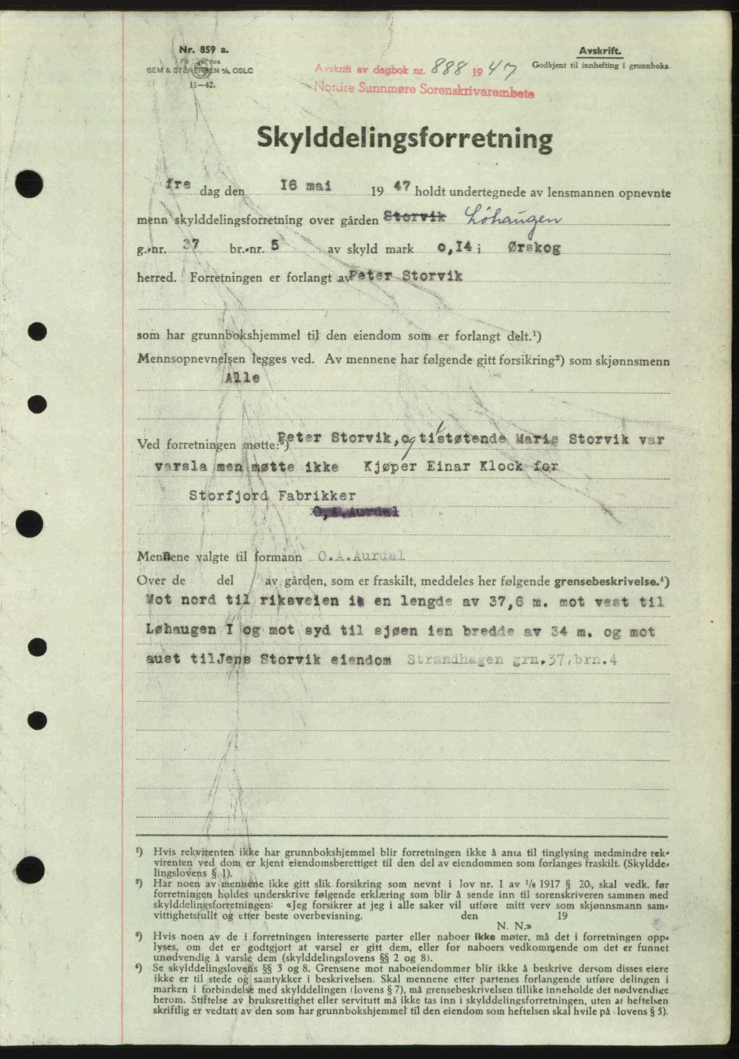 Nordre Sunnmøre sorenskriveri, AV/SAT-A-0006/1/2/2C/2Ca: Mortgage book no. A24, 1947-1947, Diary no: : 888/1947