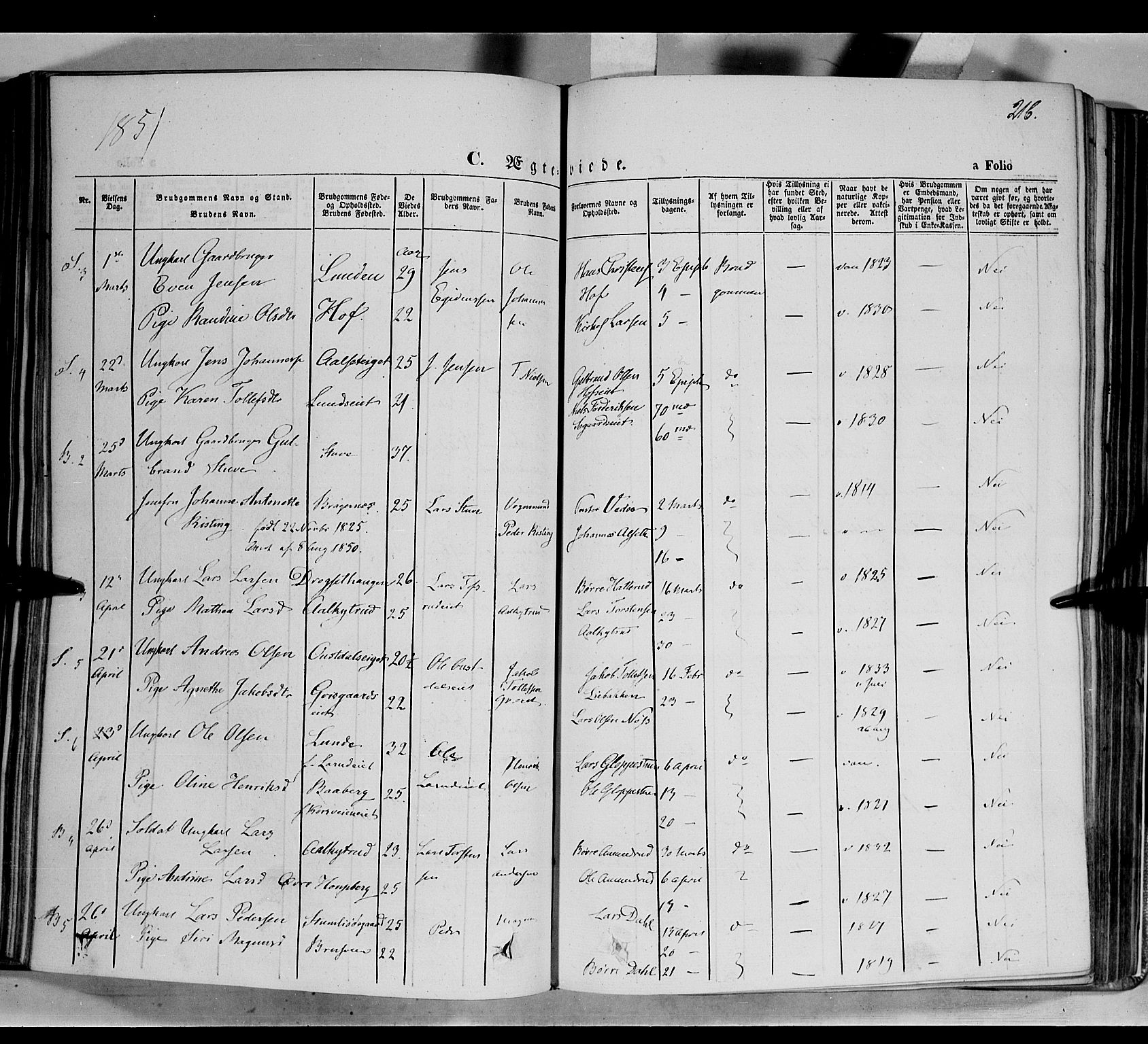 Biri prestekontor, SAH/PREST-096/H/Ha/Haa/L0005: Parish register (official) no. 5, 1843-1854, p. 216