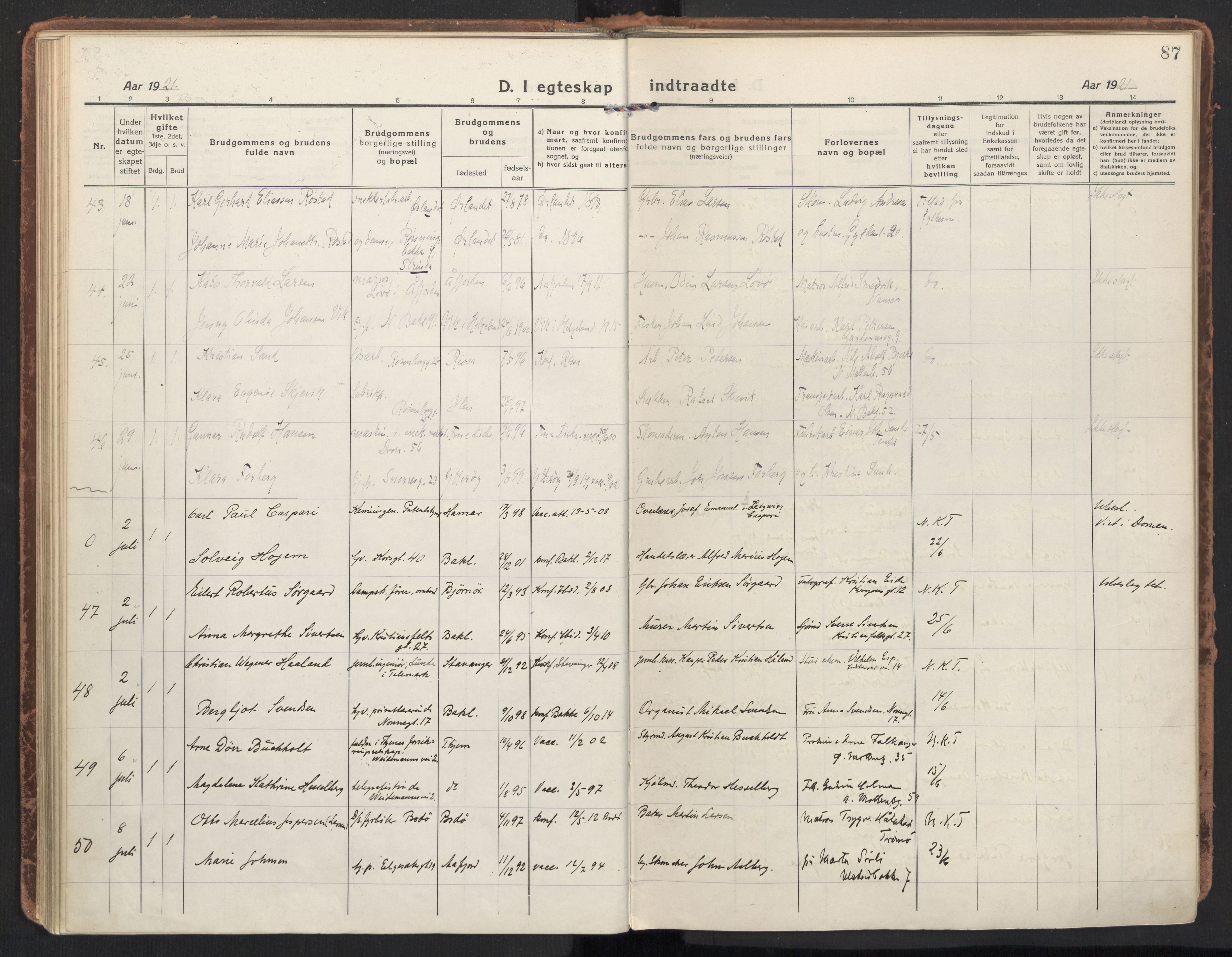 Ministerialprotokoller, klokkerbøker og fødselsregistre - Sør-Trøndelag, SAT/A-1456/604/L0206: Parish register (official) no. 604A26, 1917-1931, p. 87