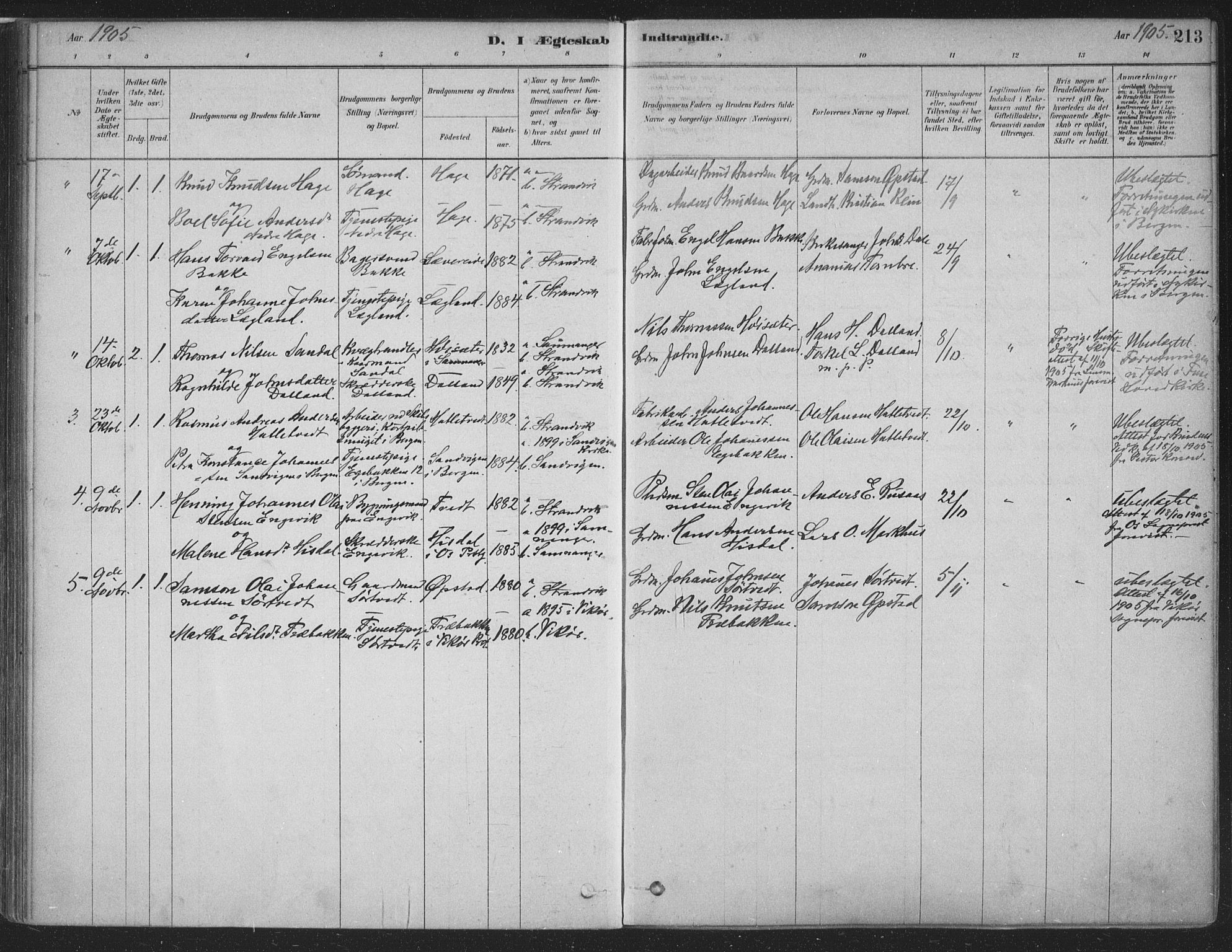 Fusa sokneprestembete, SAB/A-75401/H/Haa: Parish register (official) no. D 1, 1880-1938, p. 213