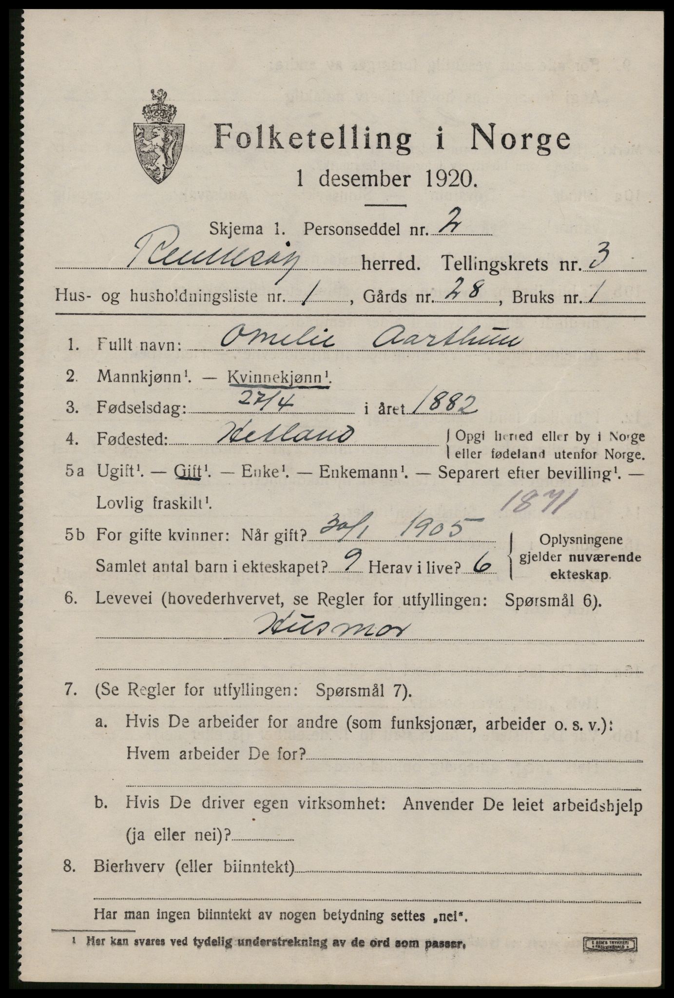 SAST, 1920 census for Rennesøy, 1920, p. 1938