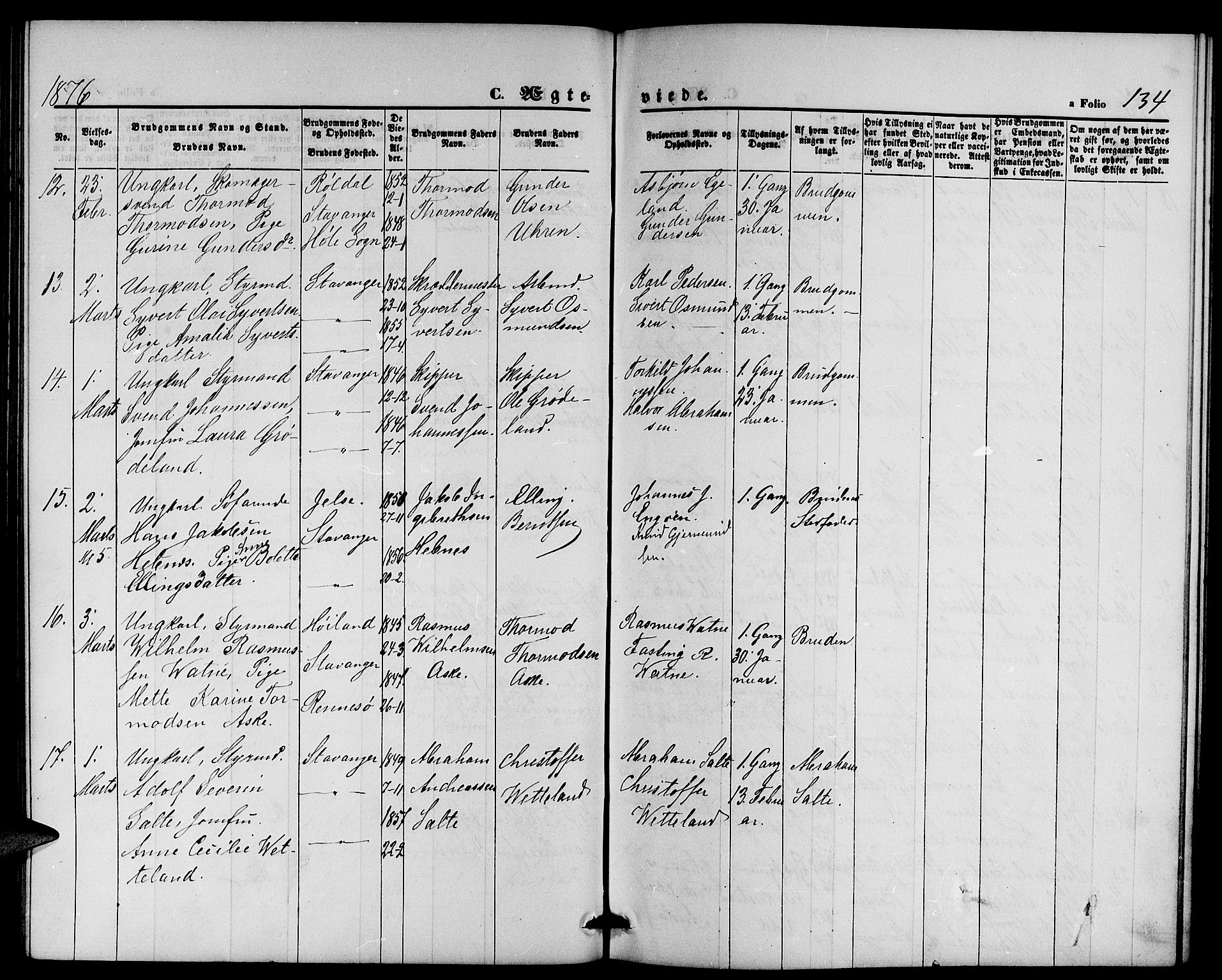 St. Petri sokneprestkontor, AV/SAST-A-101813/001/30/30BB/L0002: Parish register (copy) no. B 2, 1865-1885, p. 134