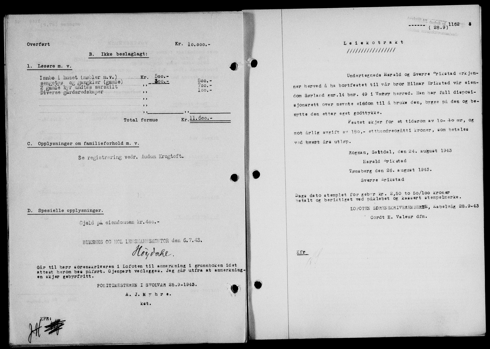 Lofoten sorenskriveri, SAT/A-0017/1/2/2C/L0011a: Mortgage book no. 11a, 1943-1943, Diary no: : 1152/1943