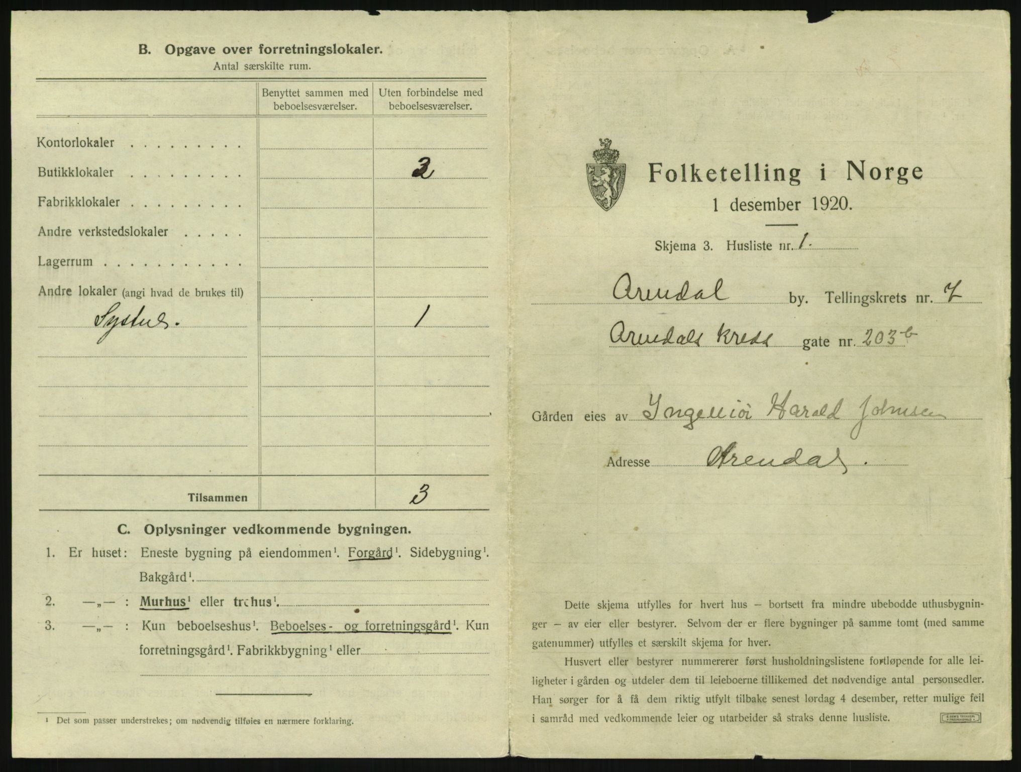 SAK, 1920 census for Arendal, 1920, p. 852