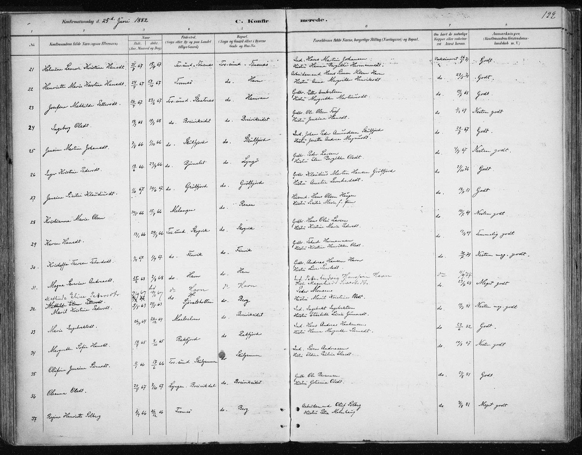 Tromsøysund sokneprestkontor, AV/SATØ-S-1304/G/Ga/L0004kirke: Parish register (official) no. 4, 1880-1888, p. 122