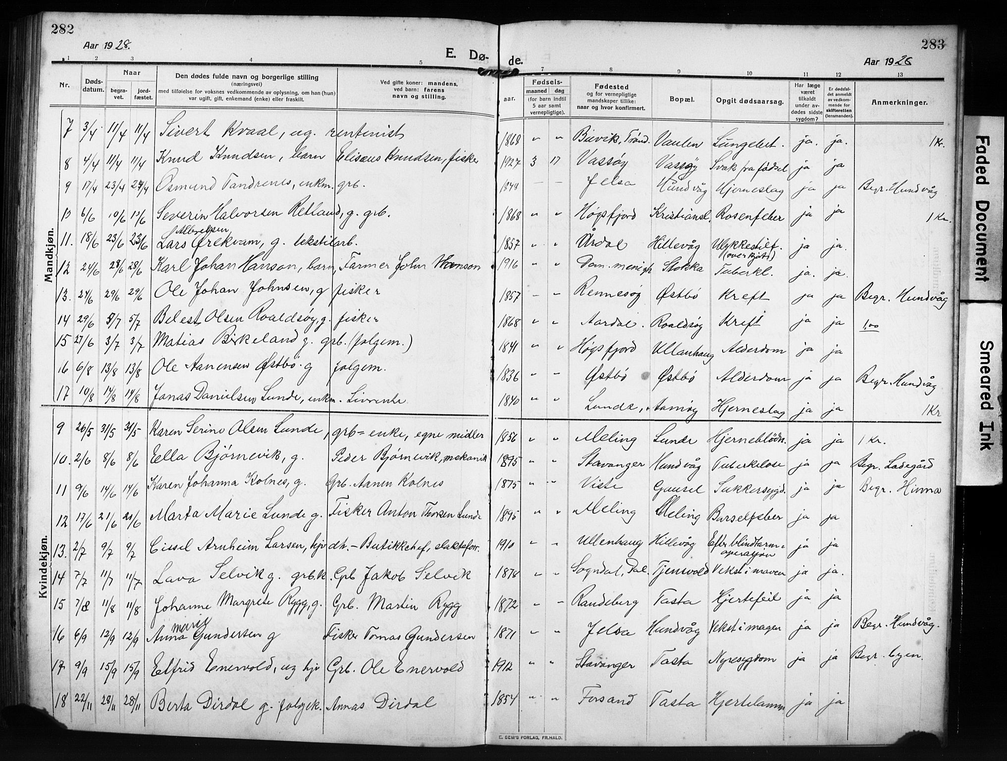 Hetland sokneprestkontor, SAST/A-101826/30/30BB/L0009: Parish register (copy) no. B 9, 1910-1931, p. 282-283
