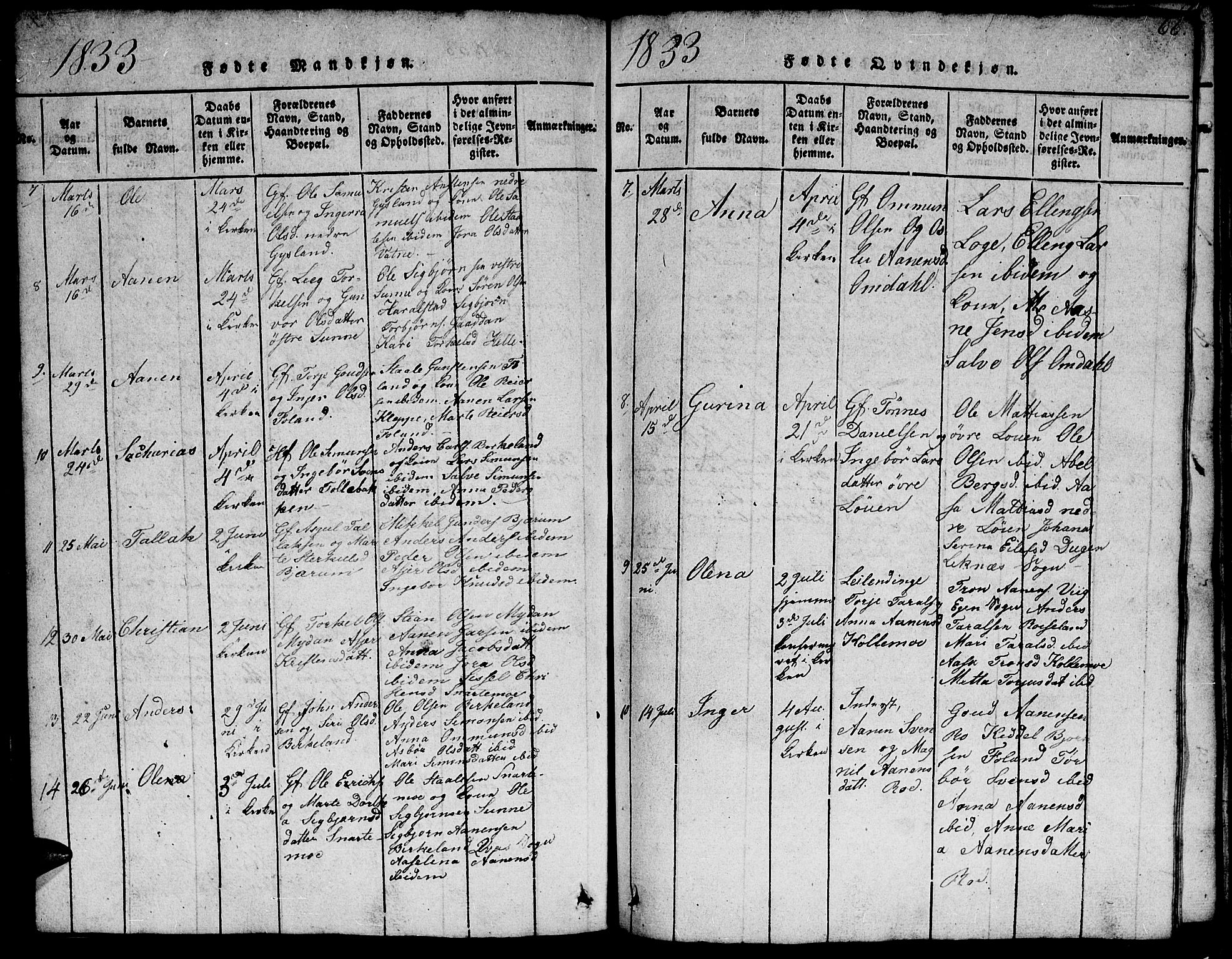 Hægebostad sokneprestkontor, AV/SAK-1111-0024/F/Fb/Fba/L0001: Parish register (copy) no. B 1, 1815-1844, p. 66