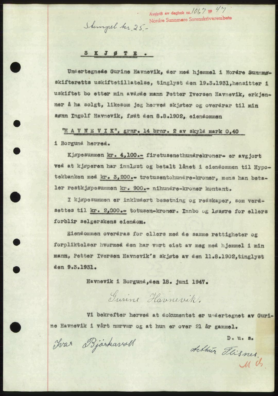 Nordre Sunnmøre sorenskriveri, AV/SAT-A-0006/1/2/2C/2Ca: Mortgage book no. A24, 1947-1947, Diary no: : 1067/1947