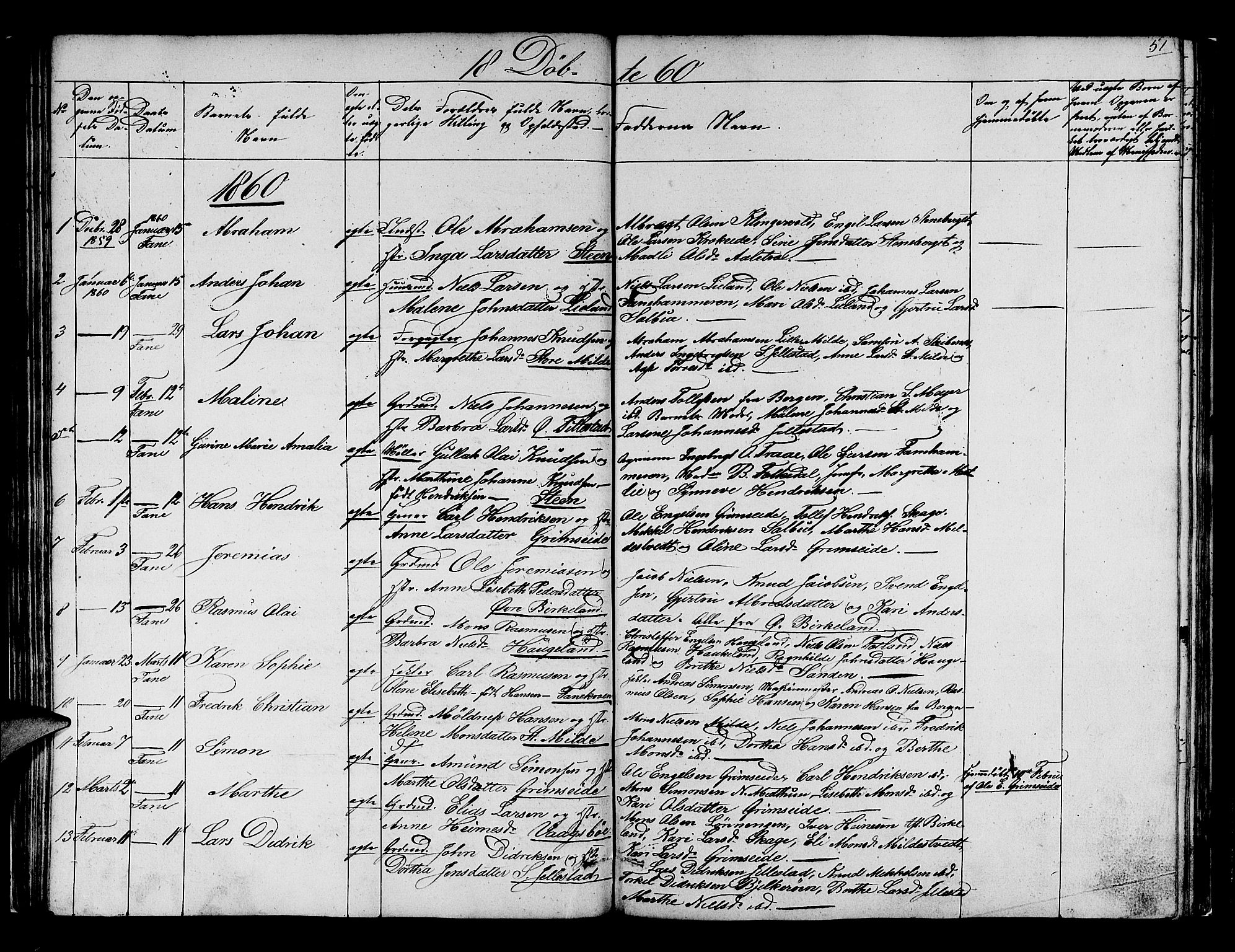 Fana Sokneprestembete, SAB/A-75101/H/Hab/Habb/L0002: Parish register (copy) no. B 2, 1851-1860, p. 51
