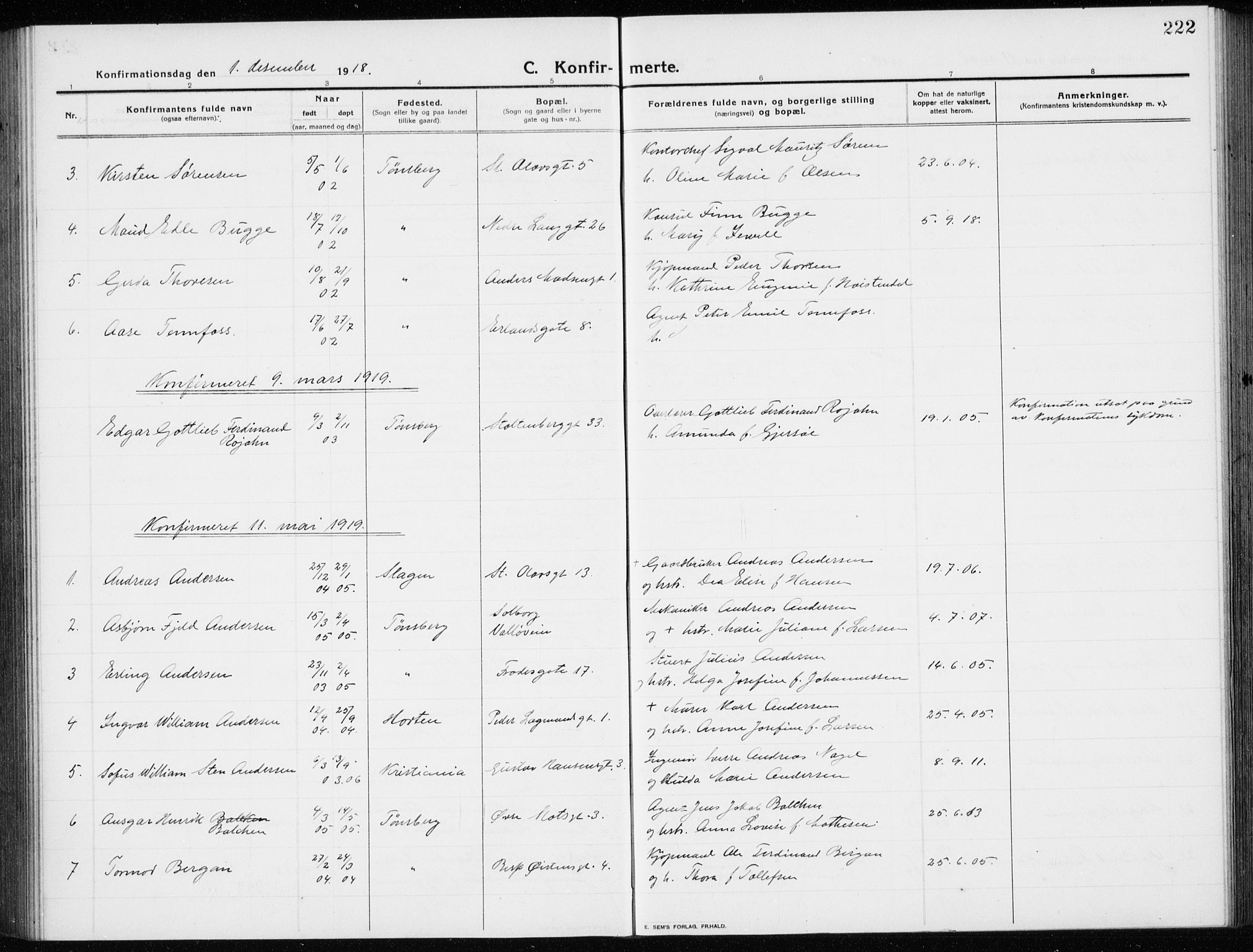 Tønsberg kirkebøker, SAKO/A-330/G/Ga/L0009: Parish register (copy) no. 9, 1913-1920, p. 222