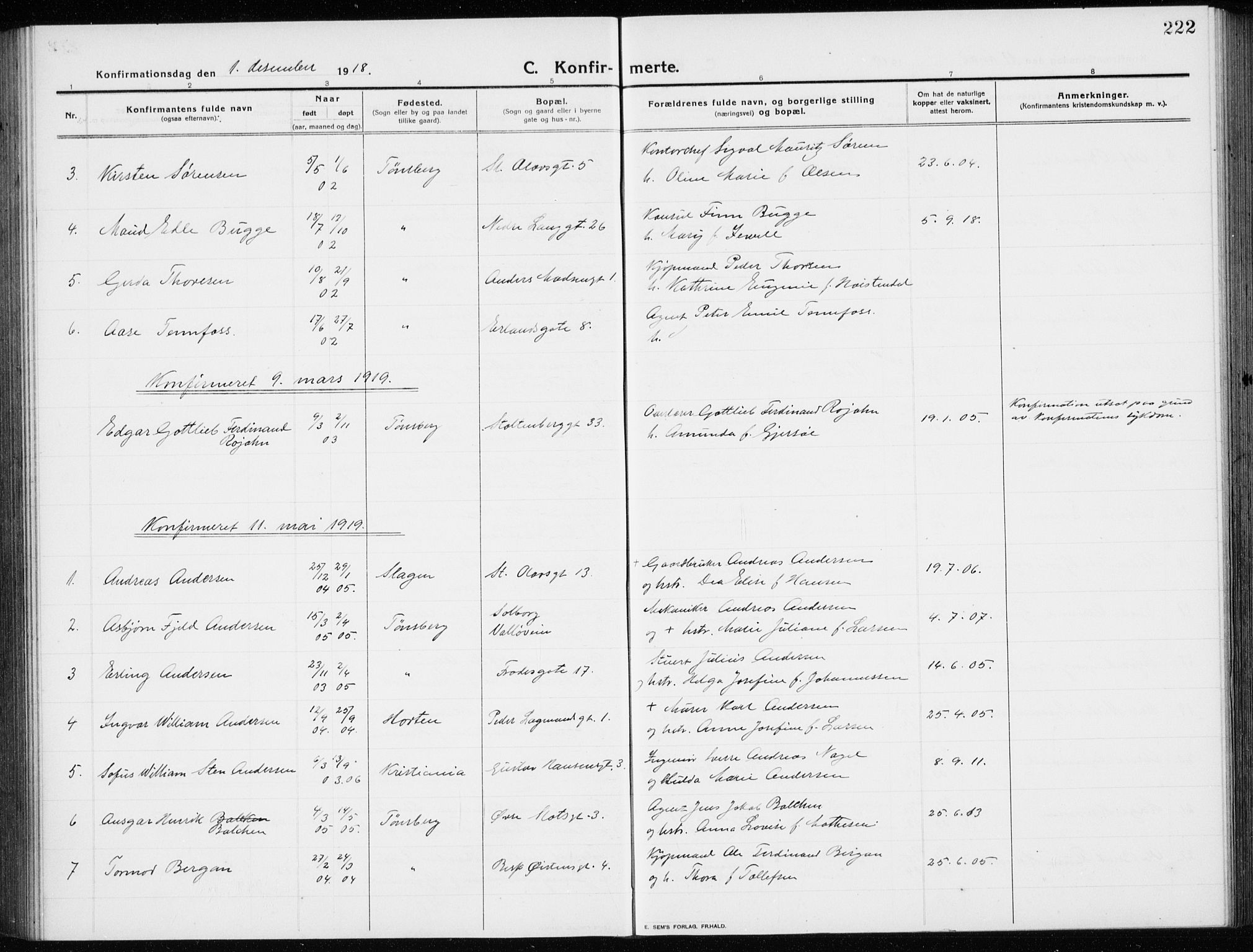 Tønsberg kirkebøker, AV/SAKO-A-330/G/Ga/L0009: Parish register (copy) no. 9, 1913-1920, p. 222