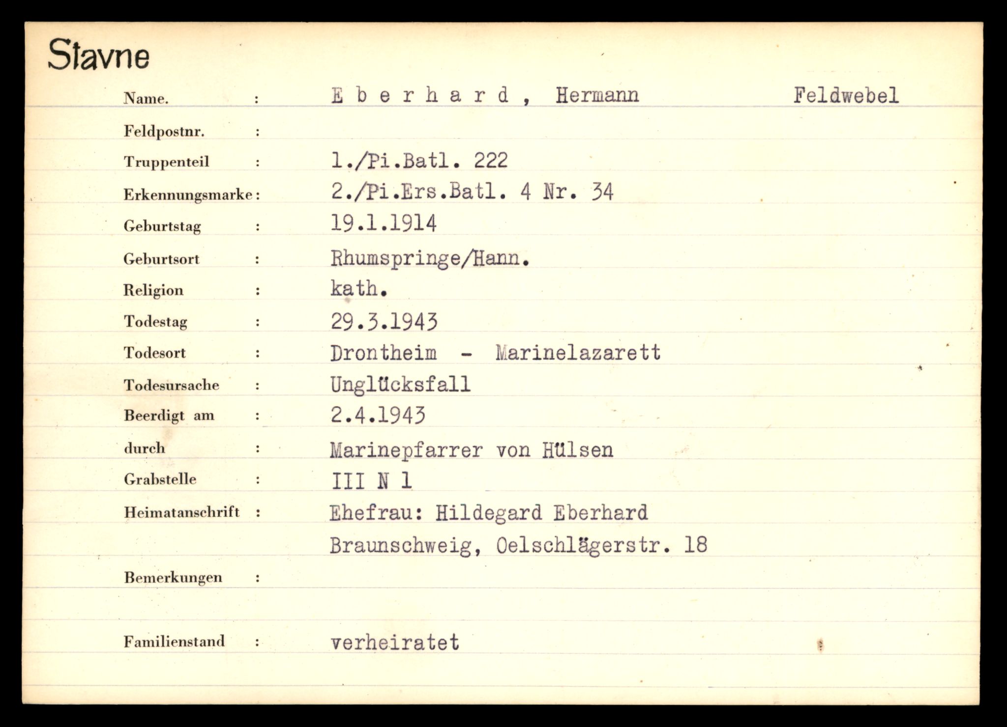 Distriktskontoret for krigsgraver, SAT/A-5030/E/L0003: Kasett/kartotek over tysk Krigskirkegård Stavne, 1945, p. 251