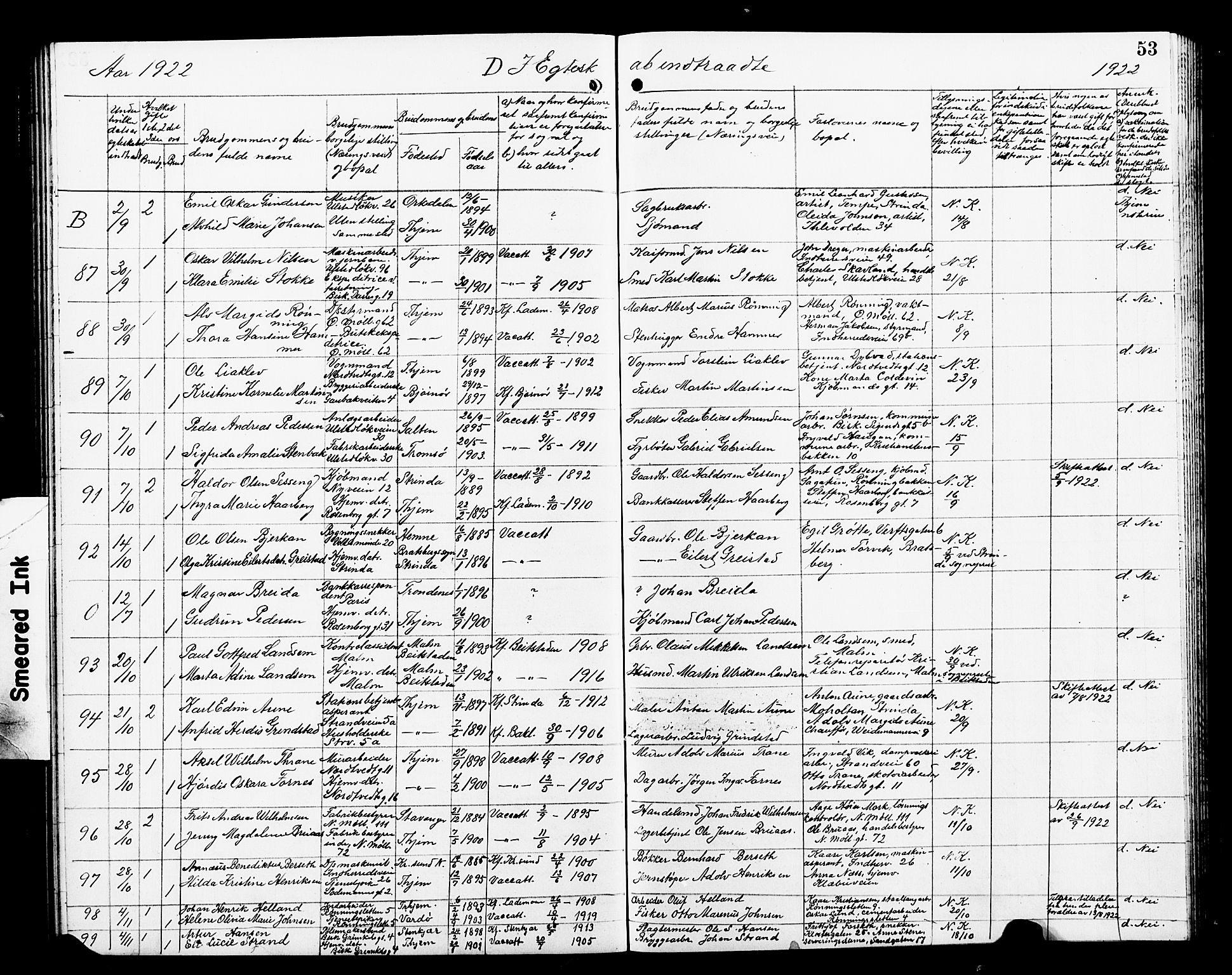 Ministerialprotokoller, klokkerbøker og fødselsregistre - Sør-Trøndelag, SAT/A-1456/605/L0257: Parish register (copy) no. 605C04, 1916-1922, p. 53