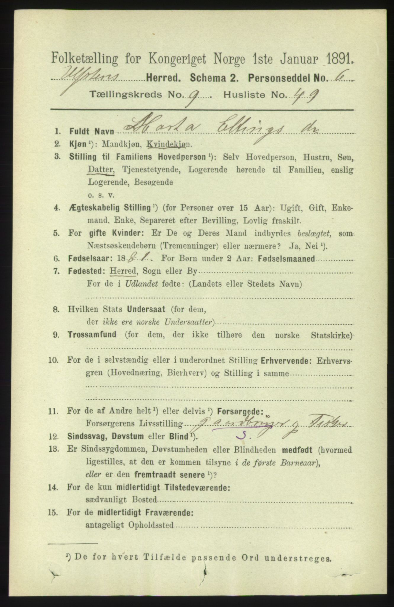 RA, 1891 census for 1516 Ulstein, 1891, p. 3106