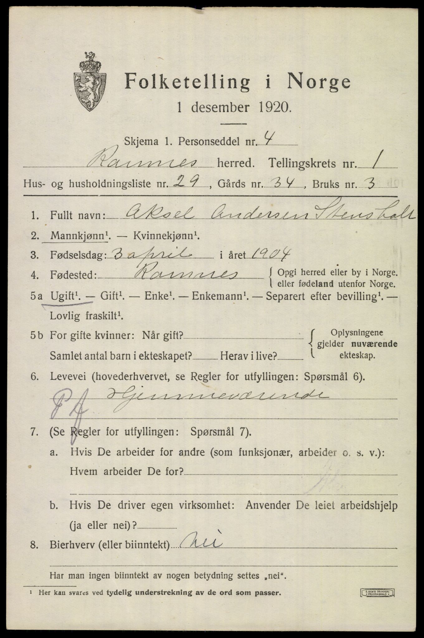 SAKO, 1920 census for Ramnes, 1920, p. 1516