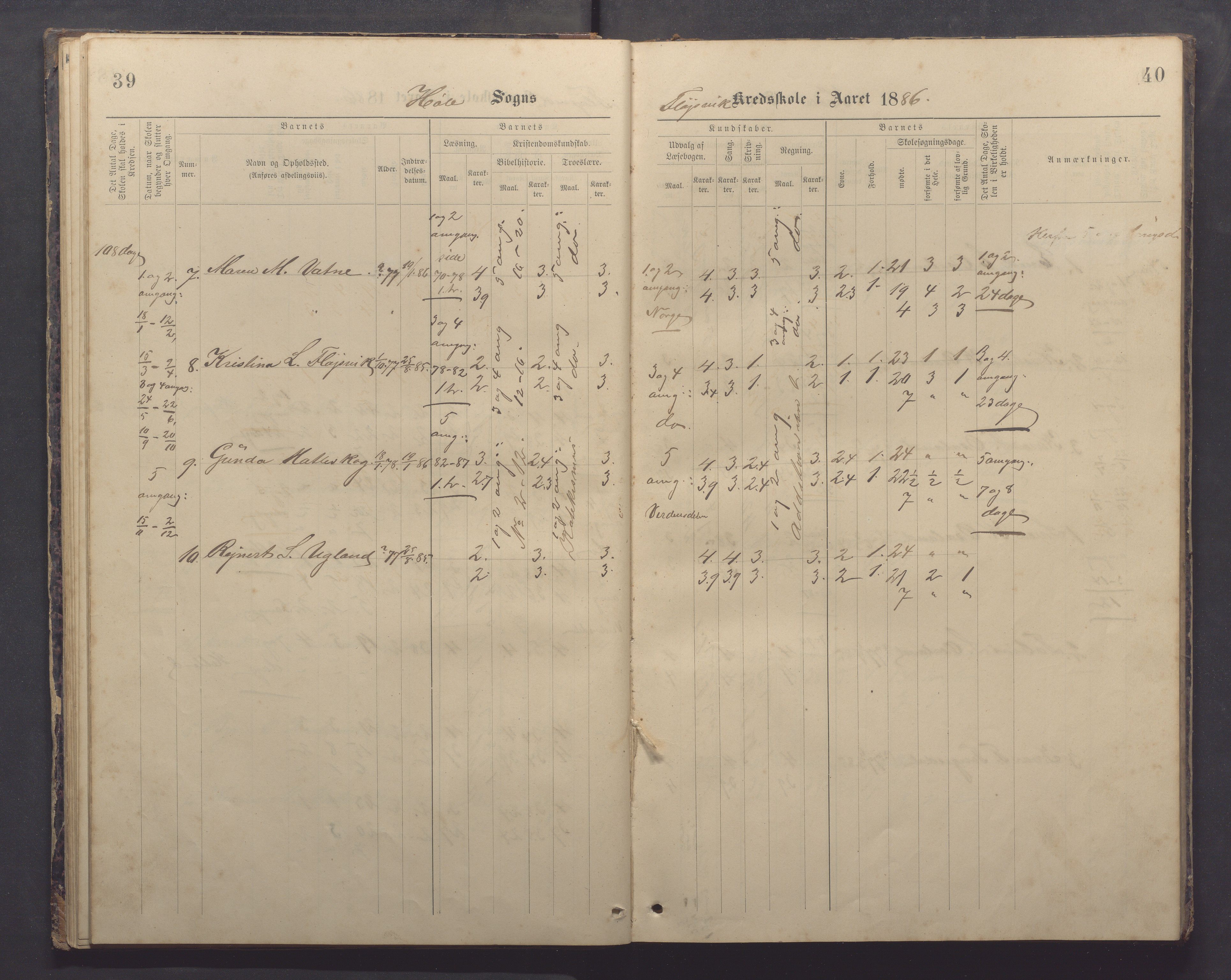 Høle kommune - Tengesdal skole, IKAR/K-100033/F/L0001: Skoleprotokoll, 1884-1893, p. 39-40