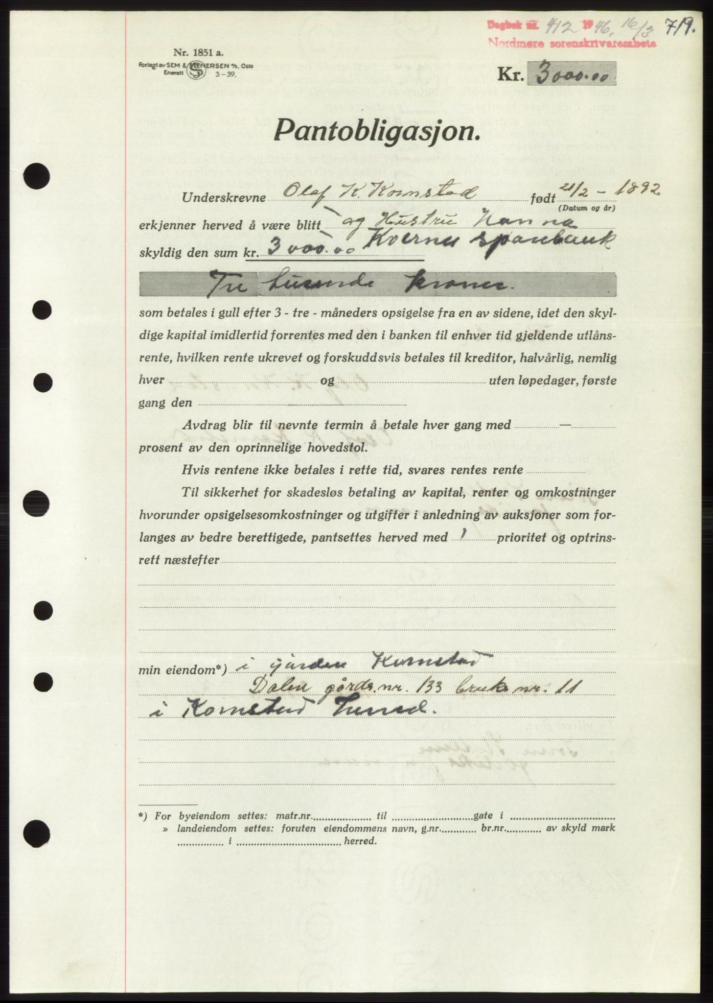 Nordmøre sorenskriveri, AV/SAT-A-4132/1/2/2Ca: Mortgage book no. B93b, 1946-1946, Diary no: : 412/1946