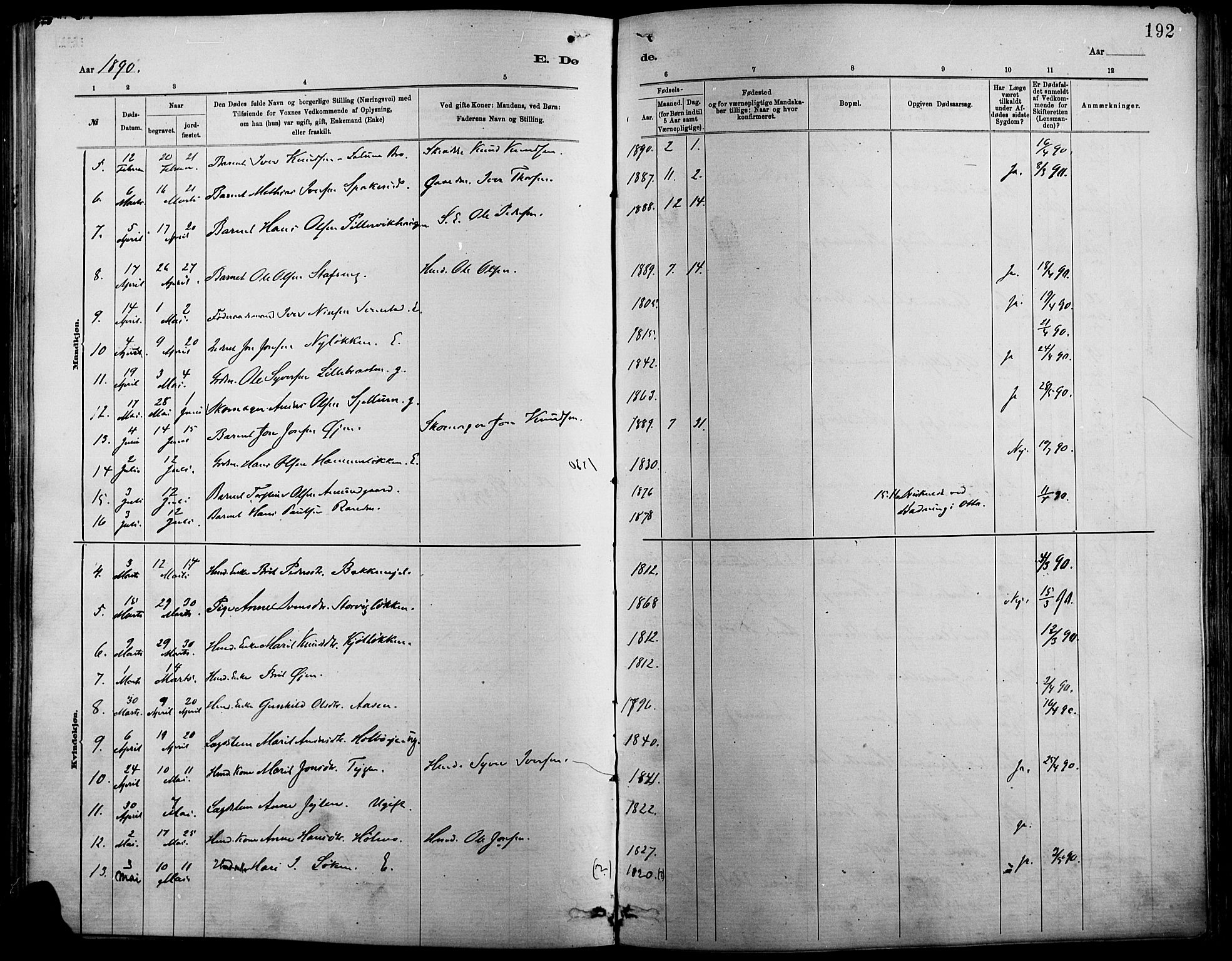 Vågå prestekontor, AV/SAH-PREST-076/H/Ha/Haa/L0009: Parish register (official) no. 9, 1886-1904, p. 192