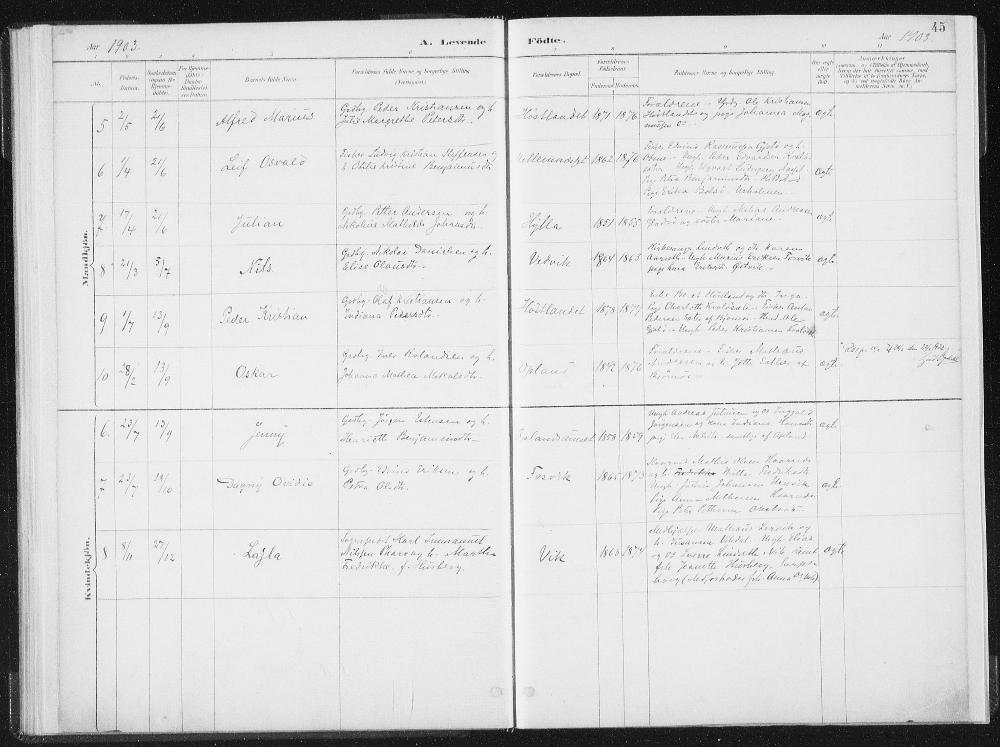 Ministerialprotokoller, klokkerbøker og fødselsregistre - Nord-Trøndelag, SAT/A-1458/771/L0597: Parish register (official) no. 771A04, 1885-1910, p. 45