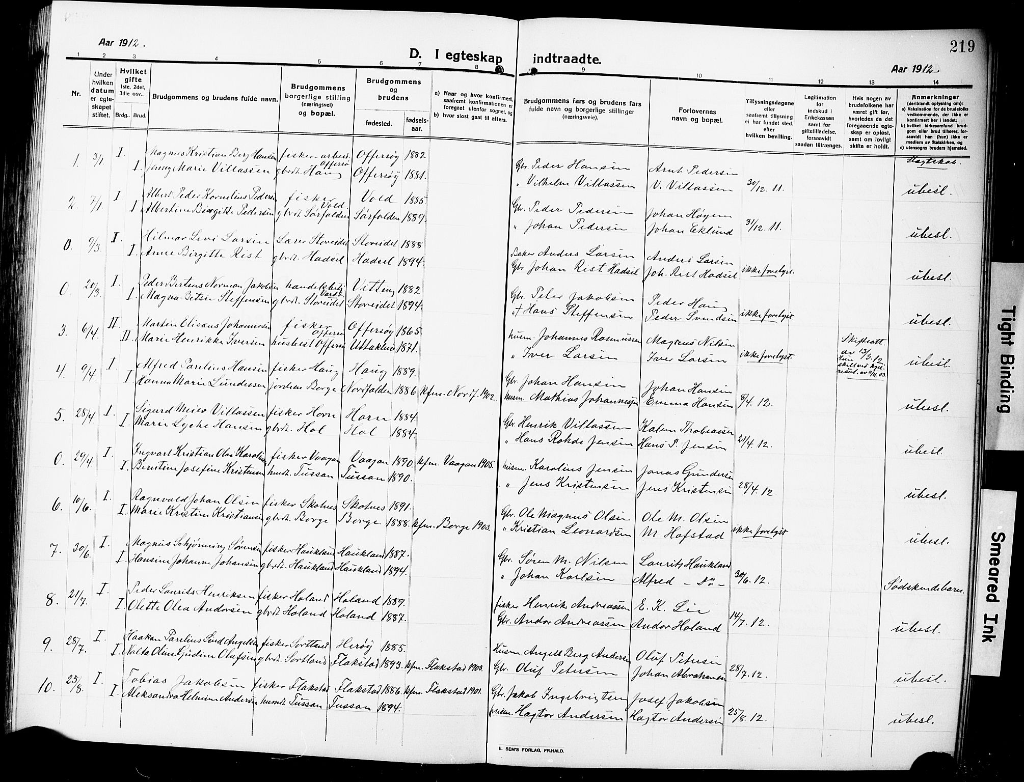 Ministerialprotokoller, klokkerbøker og fødselsregistre - Nordland, SAT/A-1459/881/L1169: Parish register (copy) no. 881C06, 1912-1930, p. 219