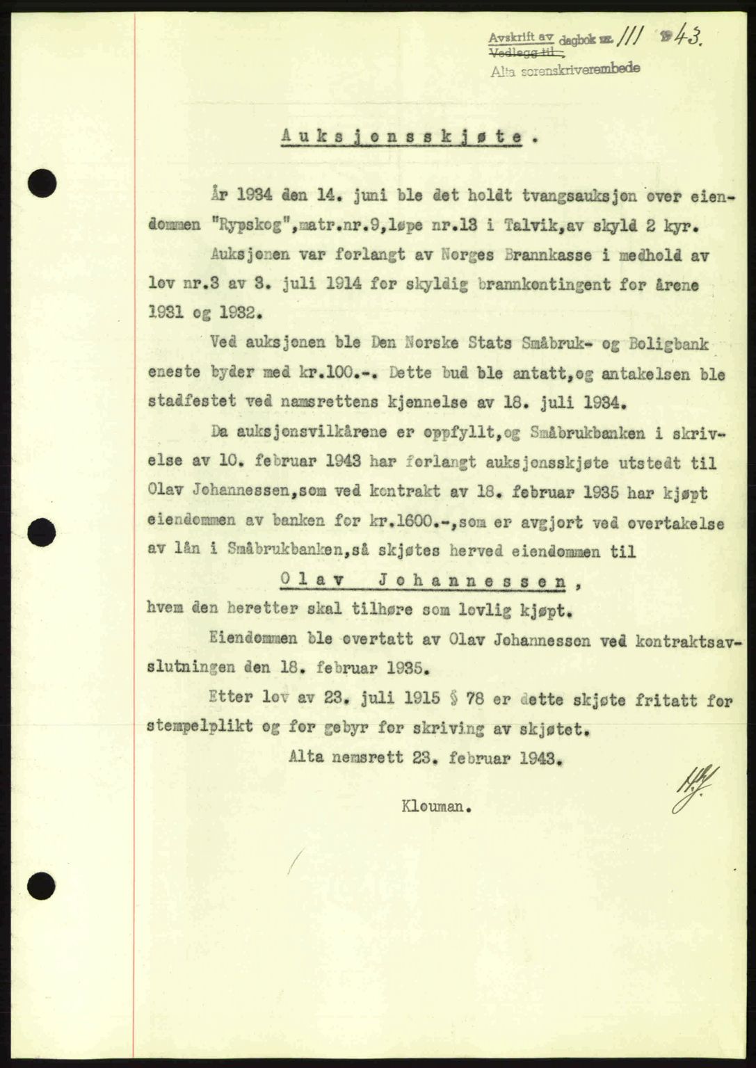 Alta fogderi/sorenskriveri, SATØ/SATØ-5/1/K/Kd/L0033pantebok: Mortgage book no. 33, 1940-1943, Diary no: : 111/1943