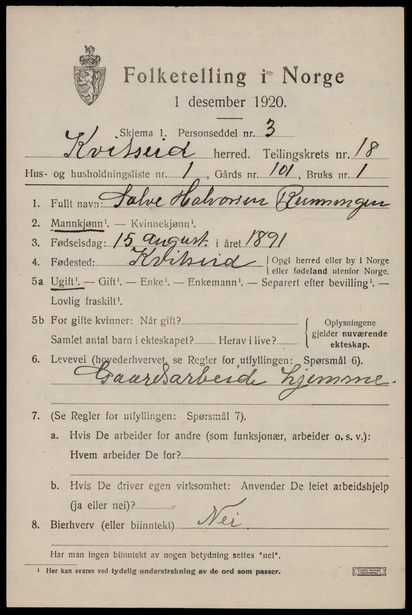 SAKO, 1920 census for Kviteseid, 1920, p. 8071