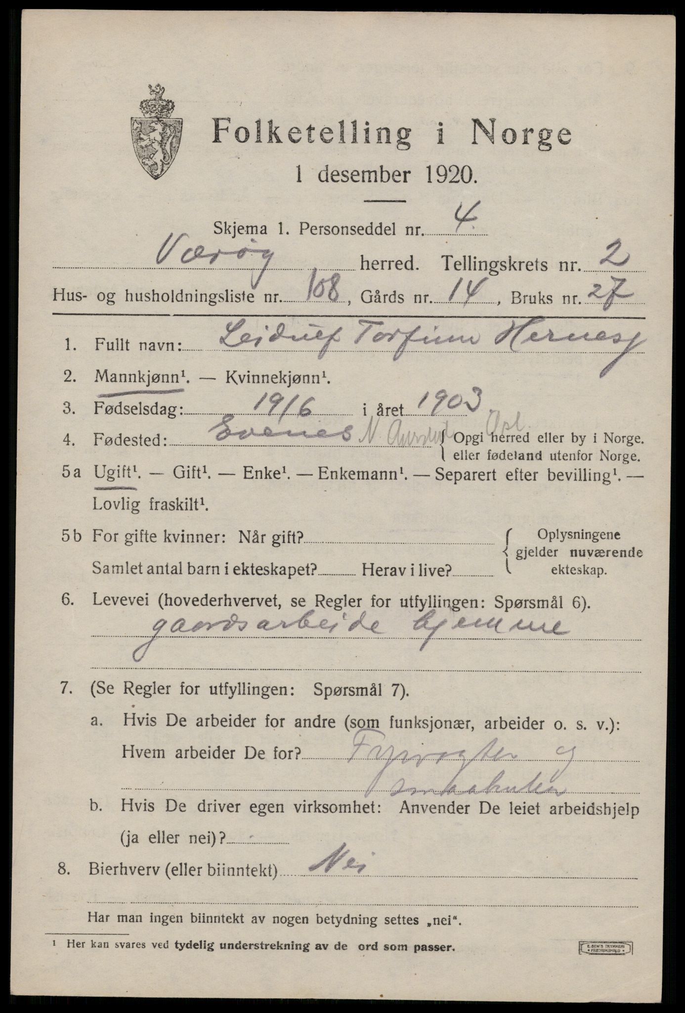 SAT, 1920 census for Værøy, 1920, p. 2219