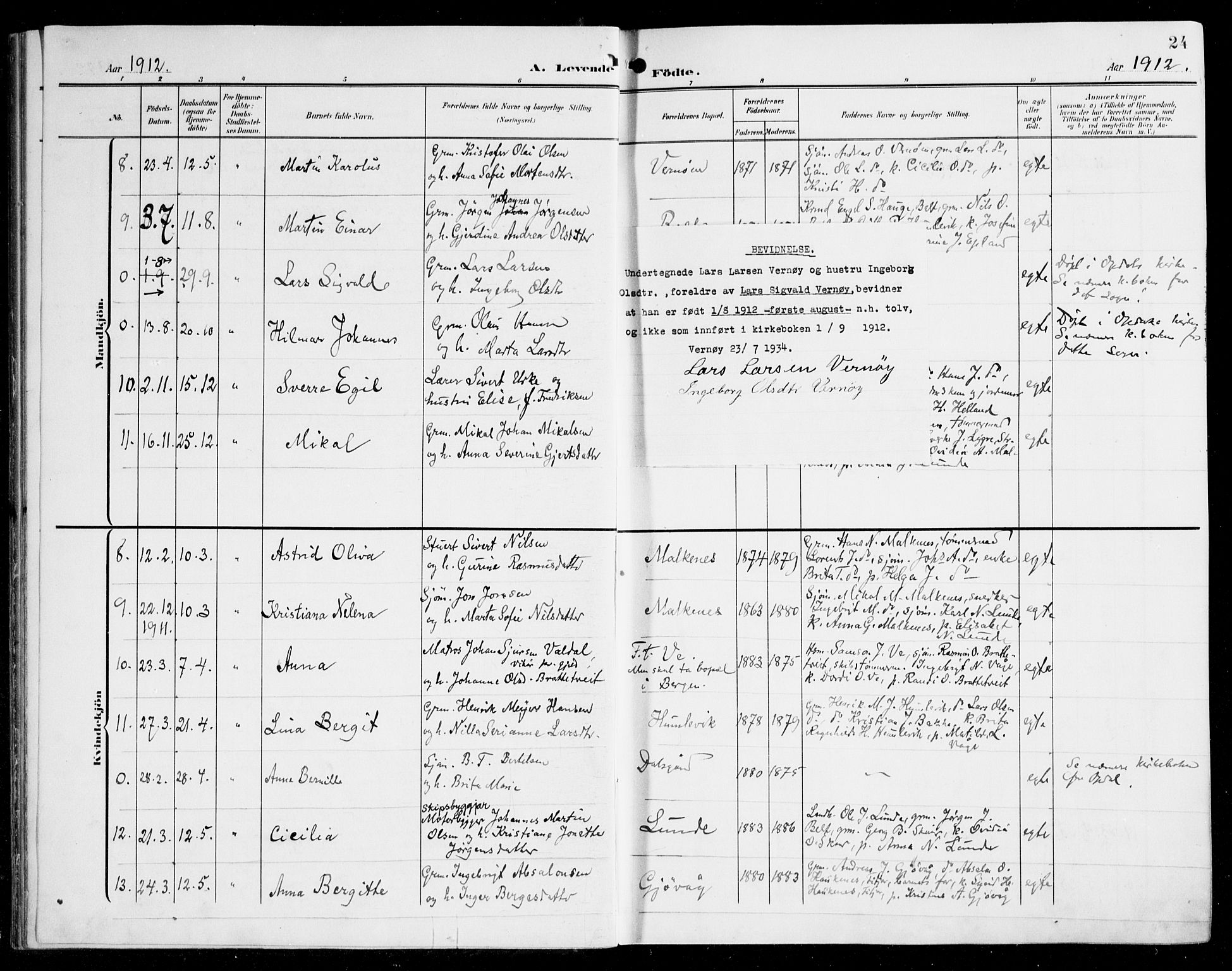 Tysnes sokneprestembete, SAB/A-78601/H/Haa: Parish register (official) no. B 2, 1907-1925, p. 24