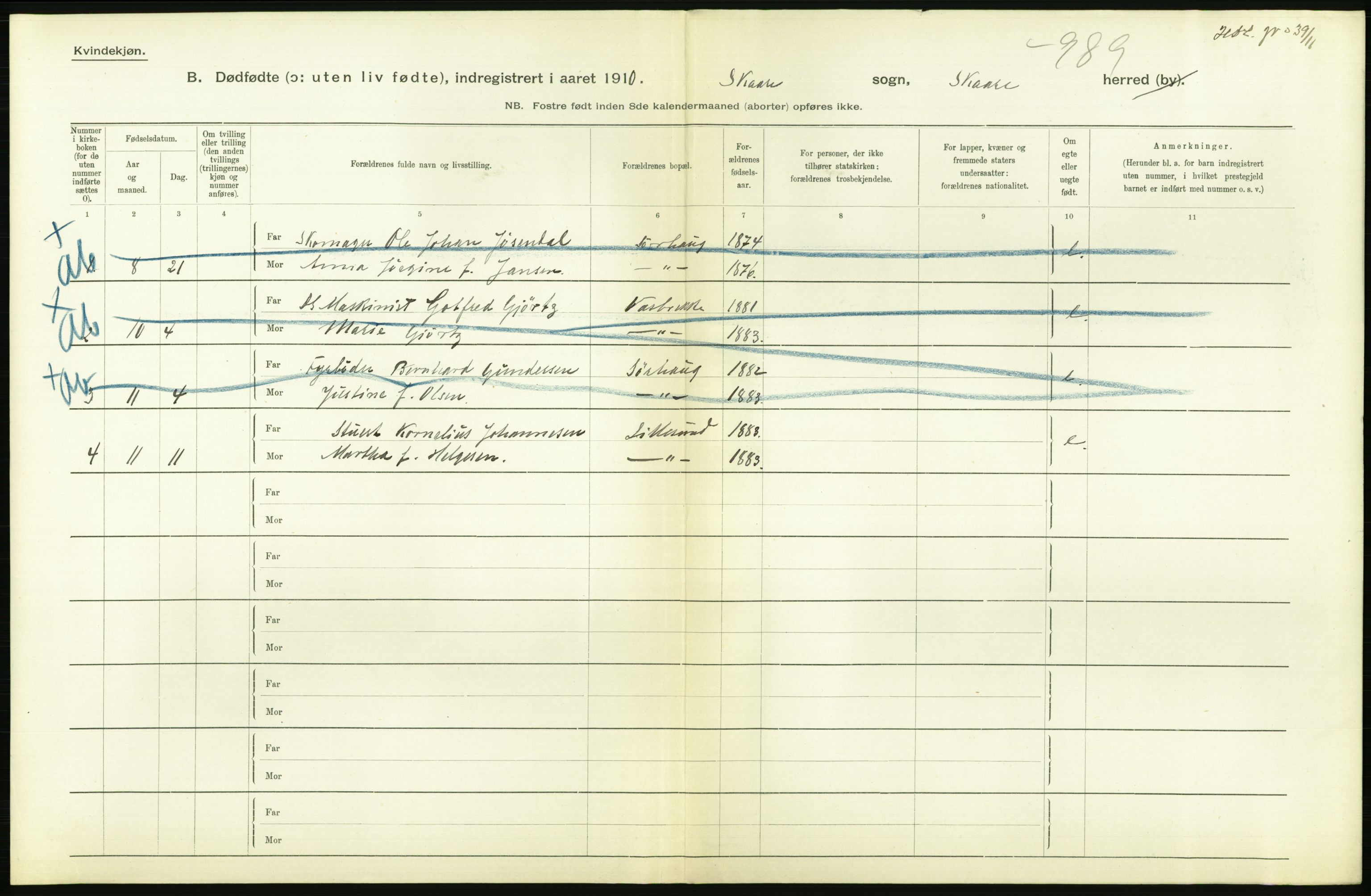 Statistisk sentralbyrå, Sosiodemografiske emner, Befolkning, RA/S-2228/D/Df/Dfa/Dfah/L0024: Stavanger amt: Døde, dødfødte. Bygder og byer., 1910, p. 614