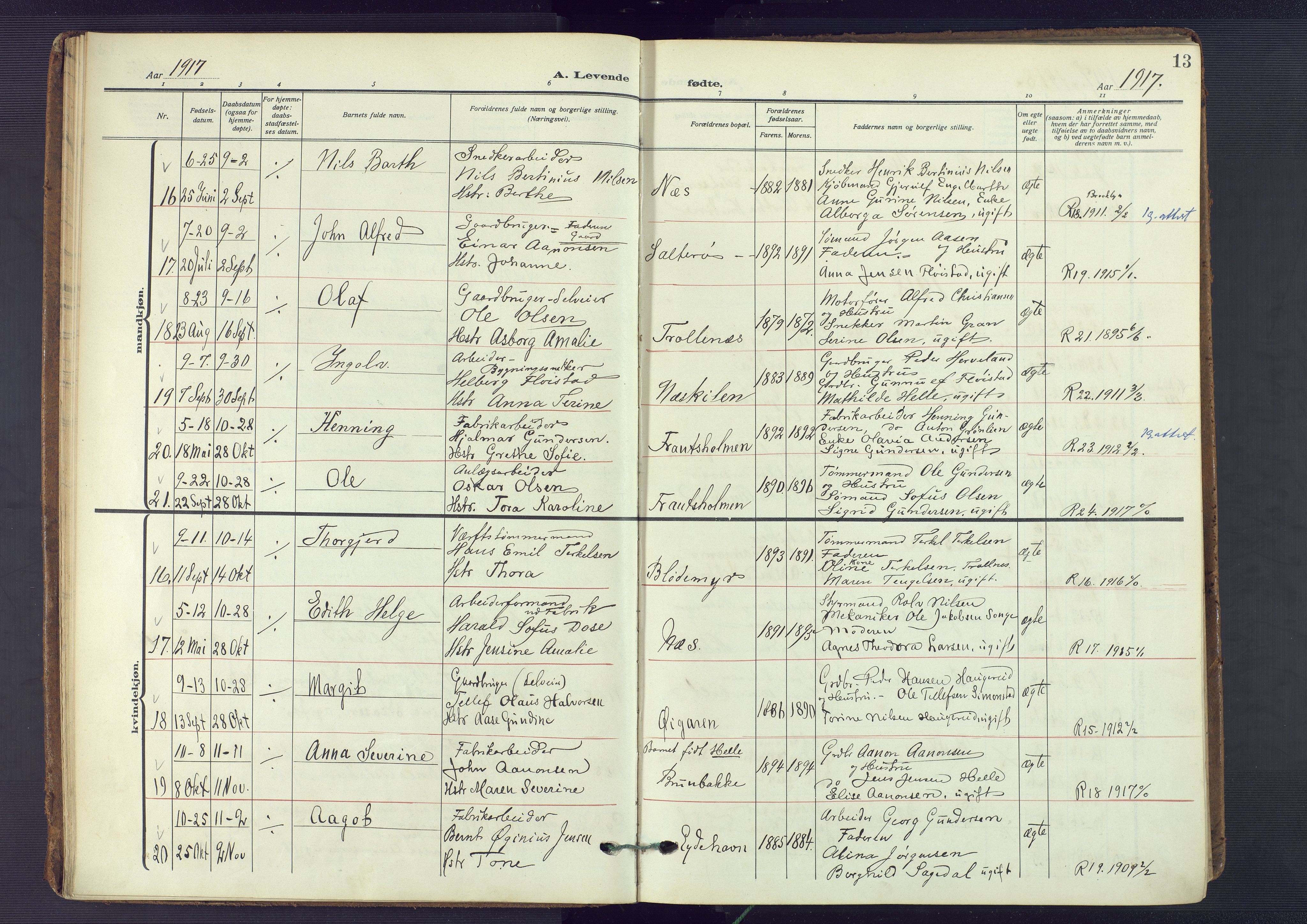 Austre Moland sokneprestkontor, AV/SAK-1111-0001/F/Fa/Fab/L0003: Parish register (official) no. A 3, 1914-1927, p. 13