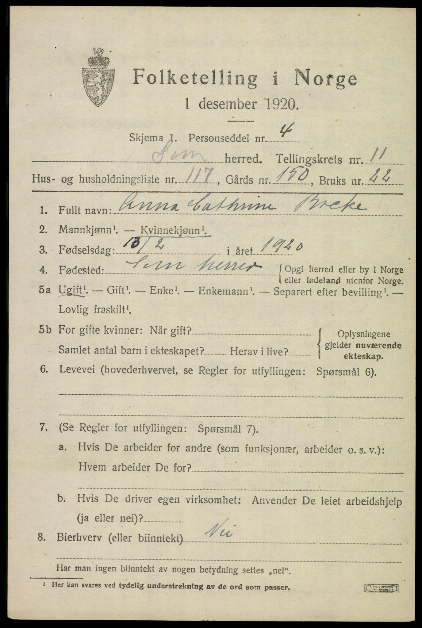 SAKO, 1920 census for Sem, 1920, p. 15909