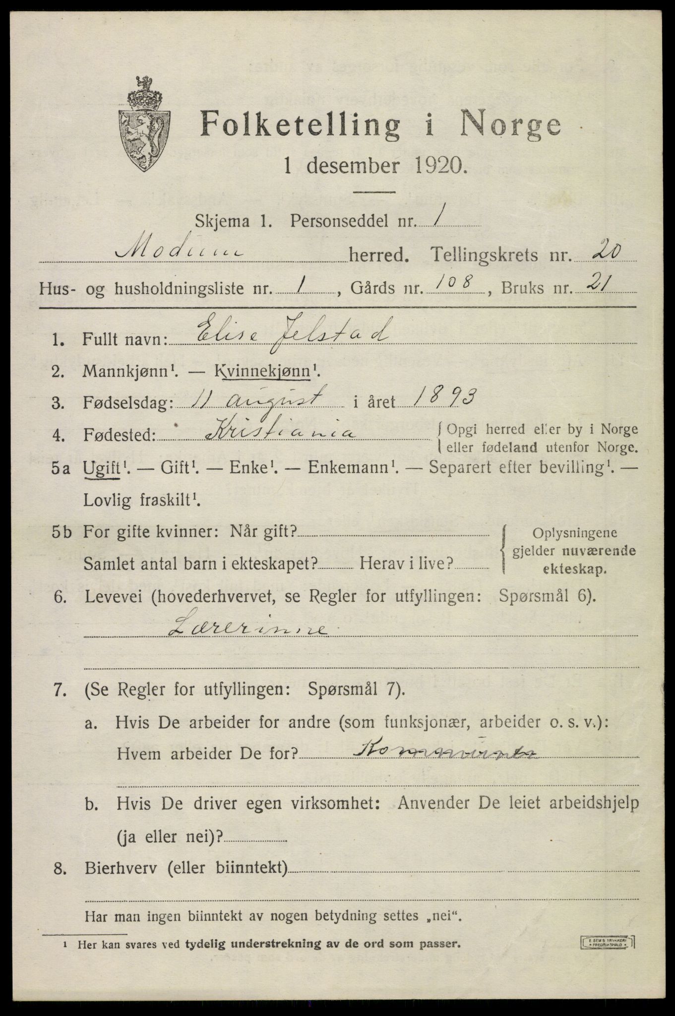 SAKO, 1920 census for Modum, 1920, p. 22105