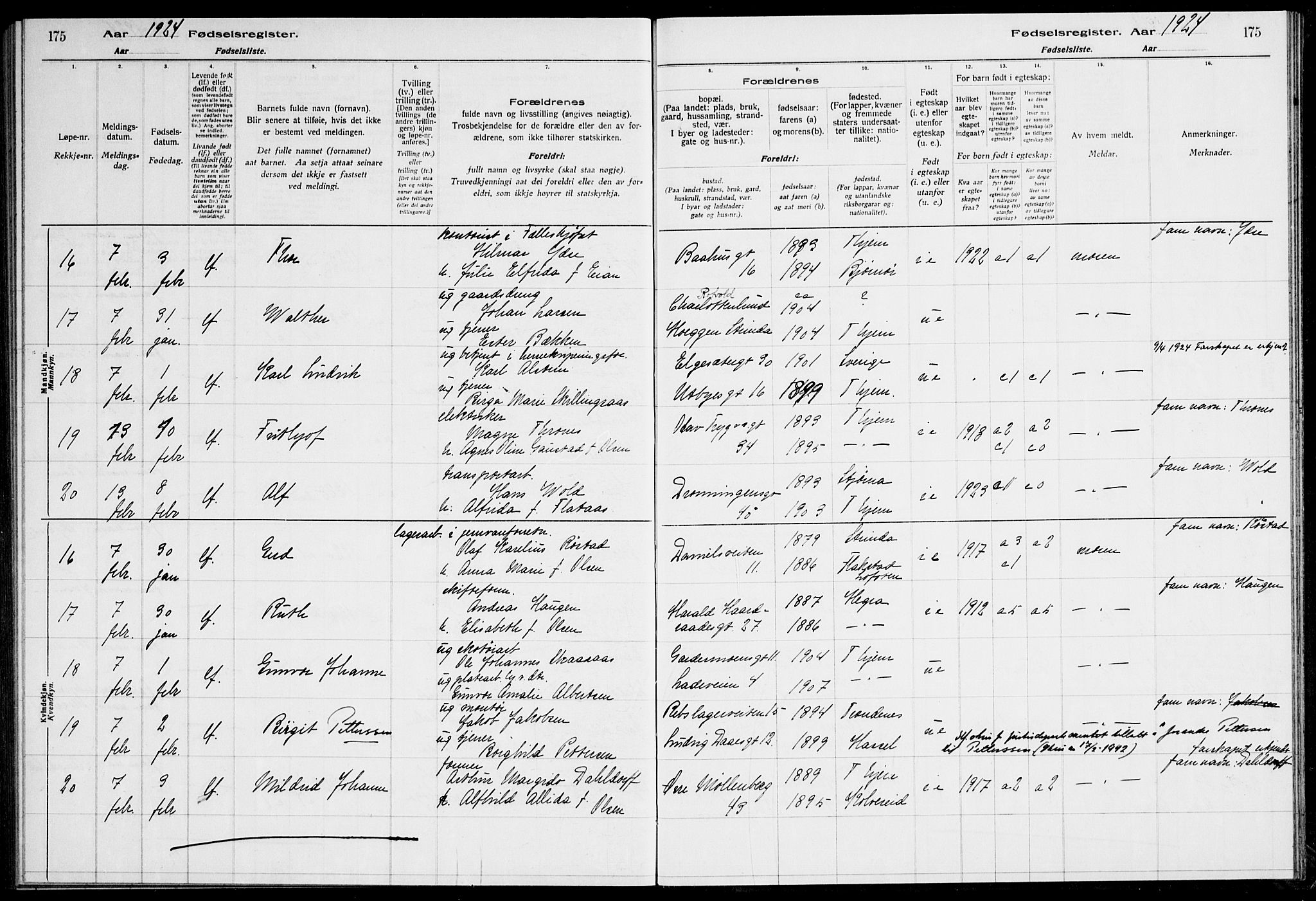 Ministerialprotokoller, klokkerbøker og fødselsregistre - Sør-Trøndelag, AV/SAT-A-1456/600/L0003: Birth register no. 600.II.4.2, 1920-1924, p. 175