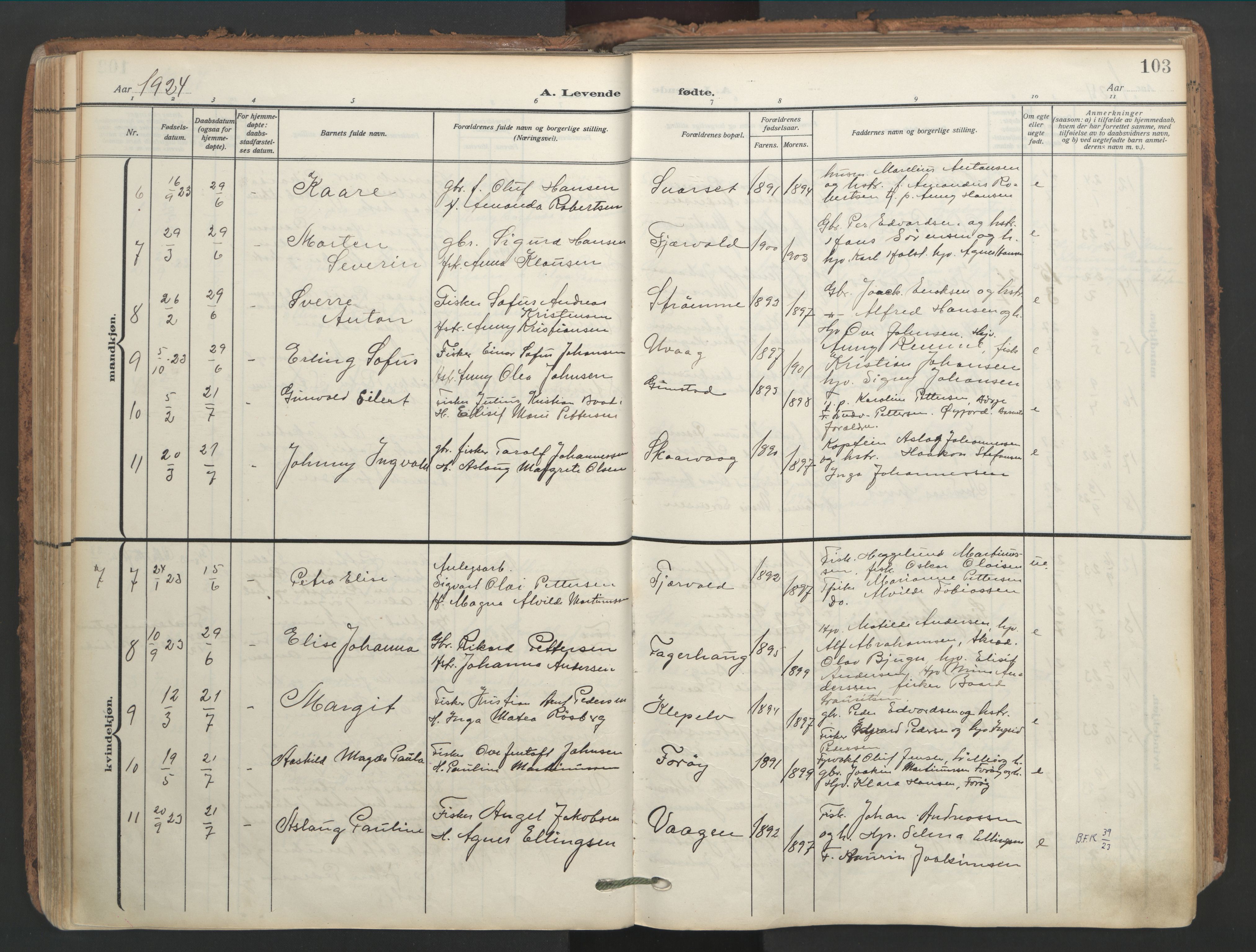 Ministerialprotokoller, klokkerbøker og fødselsregistre - Nordland, SAT/A-1459/891/L1306: Parish register (official) no. 891A11, 1911-1927, p. 103