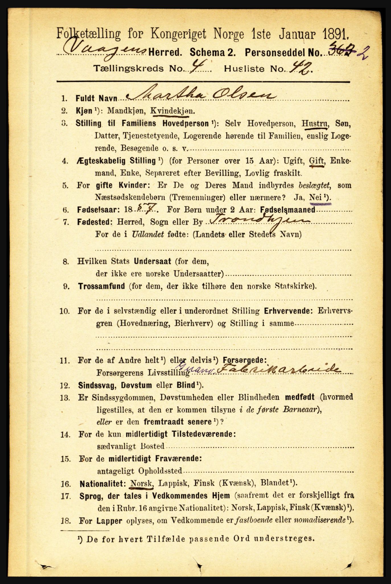 RA, 1891 census for 1865 Vågan, 1891, p. 1303