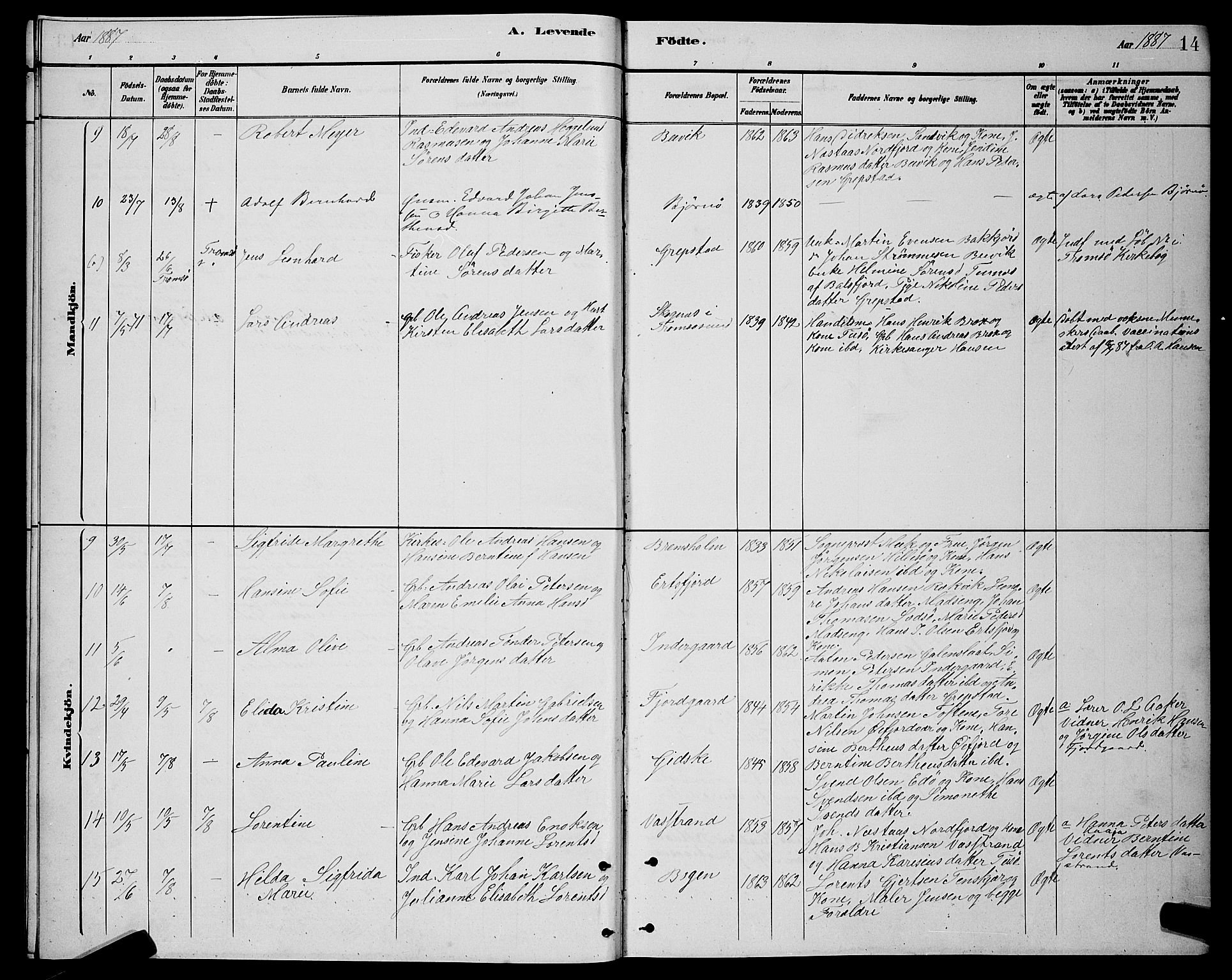 Lenvik sokneprestembete, AV/SATØ-S-1310/H/Ha/Hab/L0021klokker: Parish register (copy) no. 21, 1884-1900, p. 14